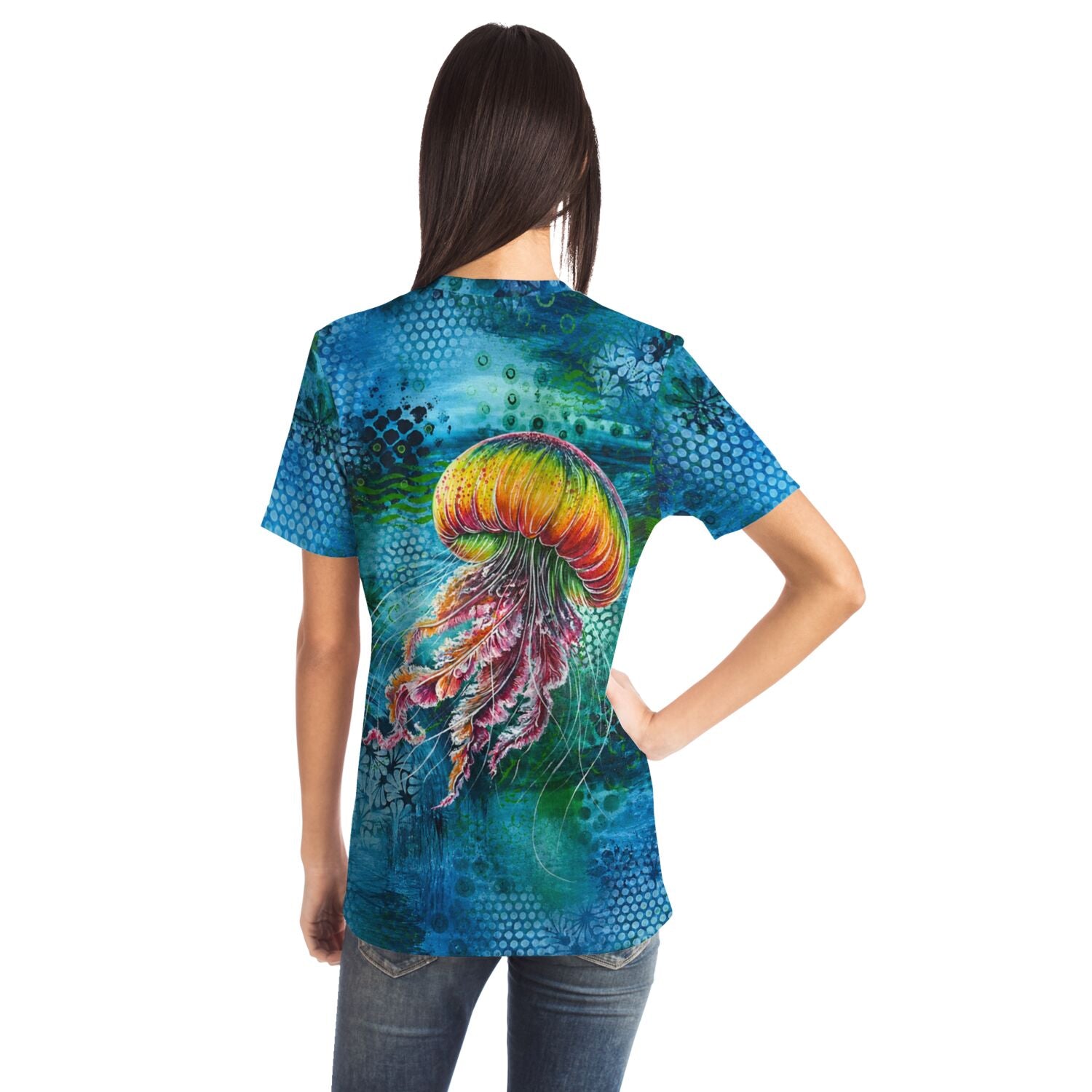 T-Shirt Rückansicht mit buntem Medusa Solaris Quallen Motiv im Stil eines Diamond Painting oder Malen nach Zahlen Designs