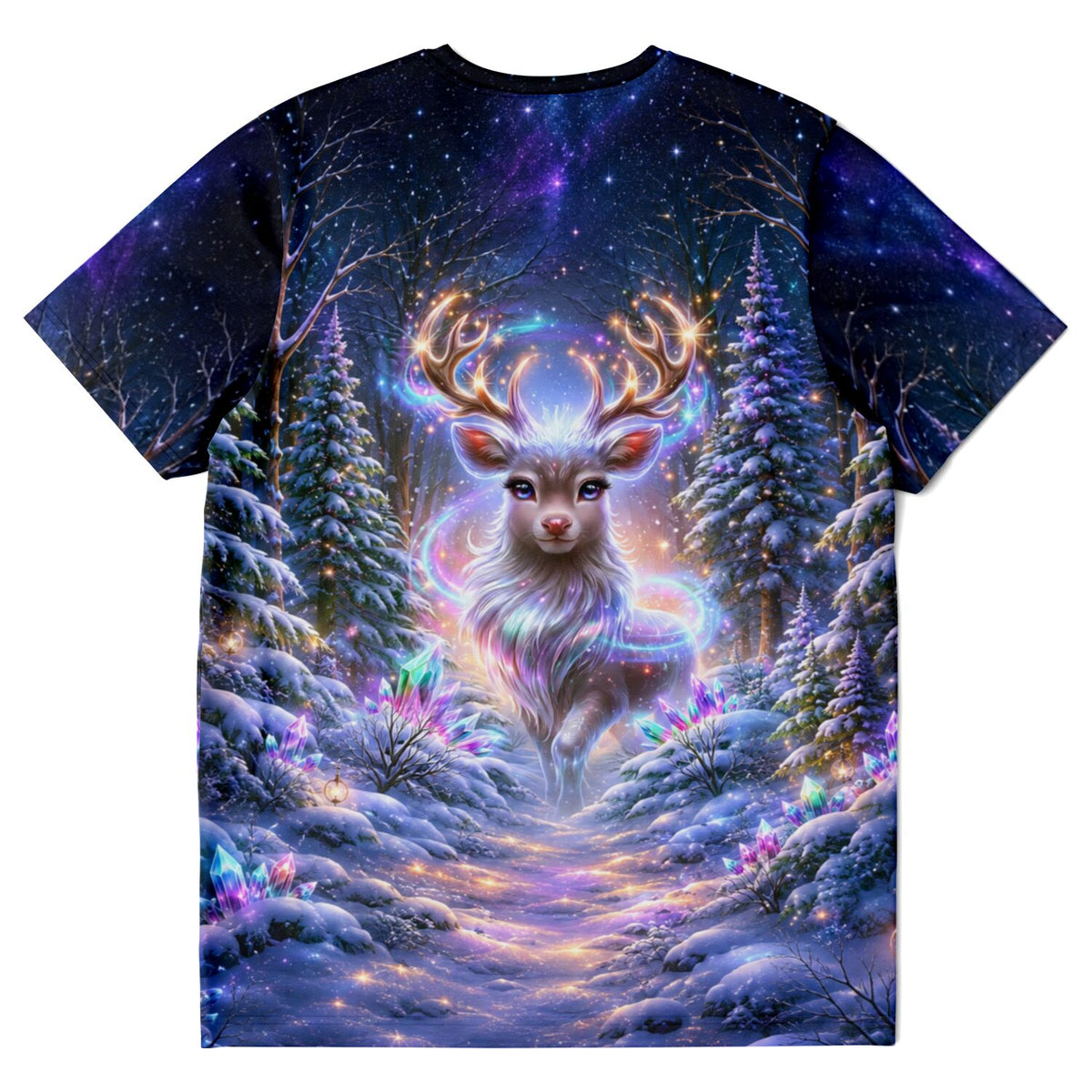 T-Shirt mit Hirsch im magischen Winterwald, inspiriert von Diamond Painting Motiven und leuchtenden Kristall-Details.