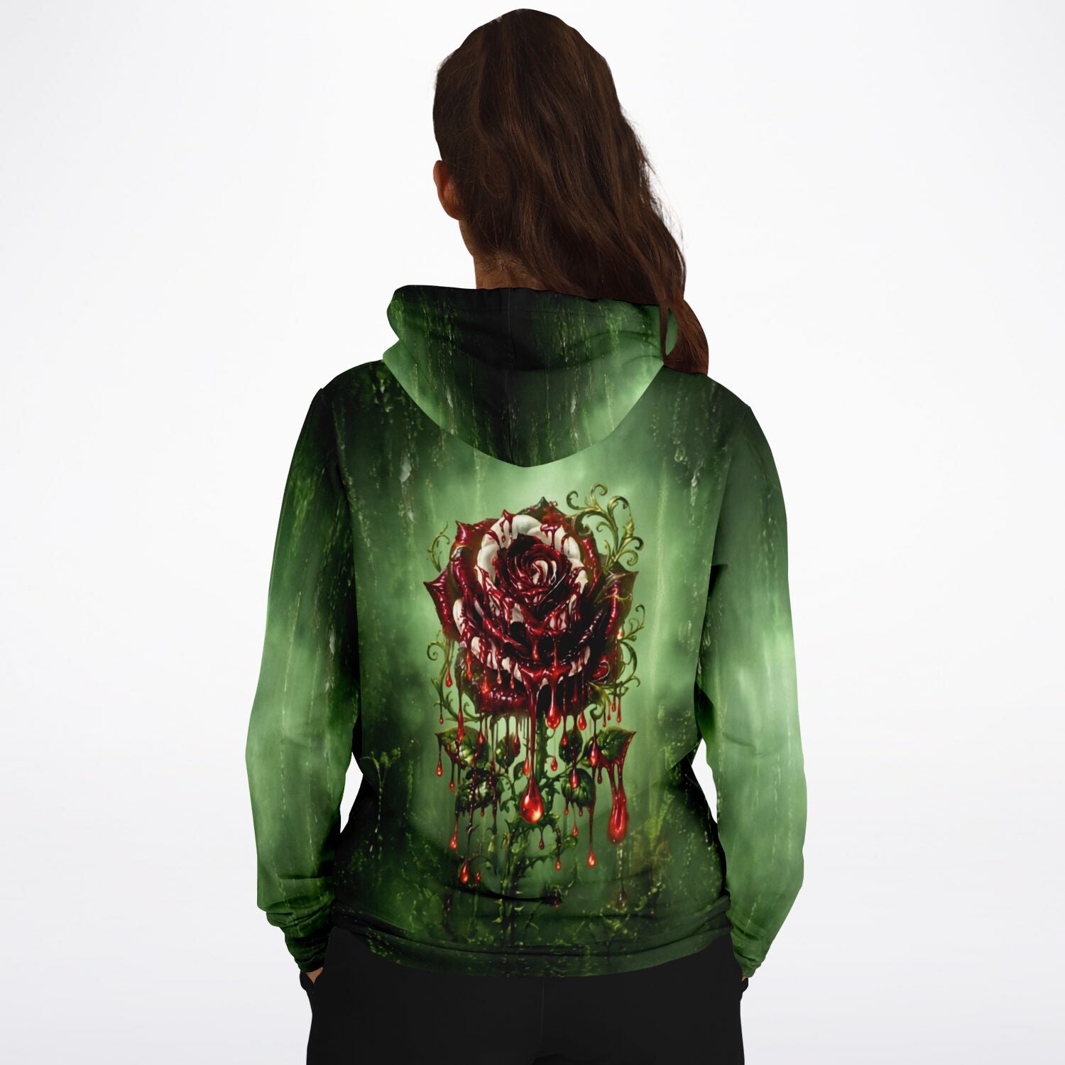 Dreamer Hoodie mit grünem Hintergrund und blutender Rosen-Grafik, passend zu künstlerischen Diamond Painting Motiven.