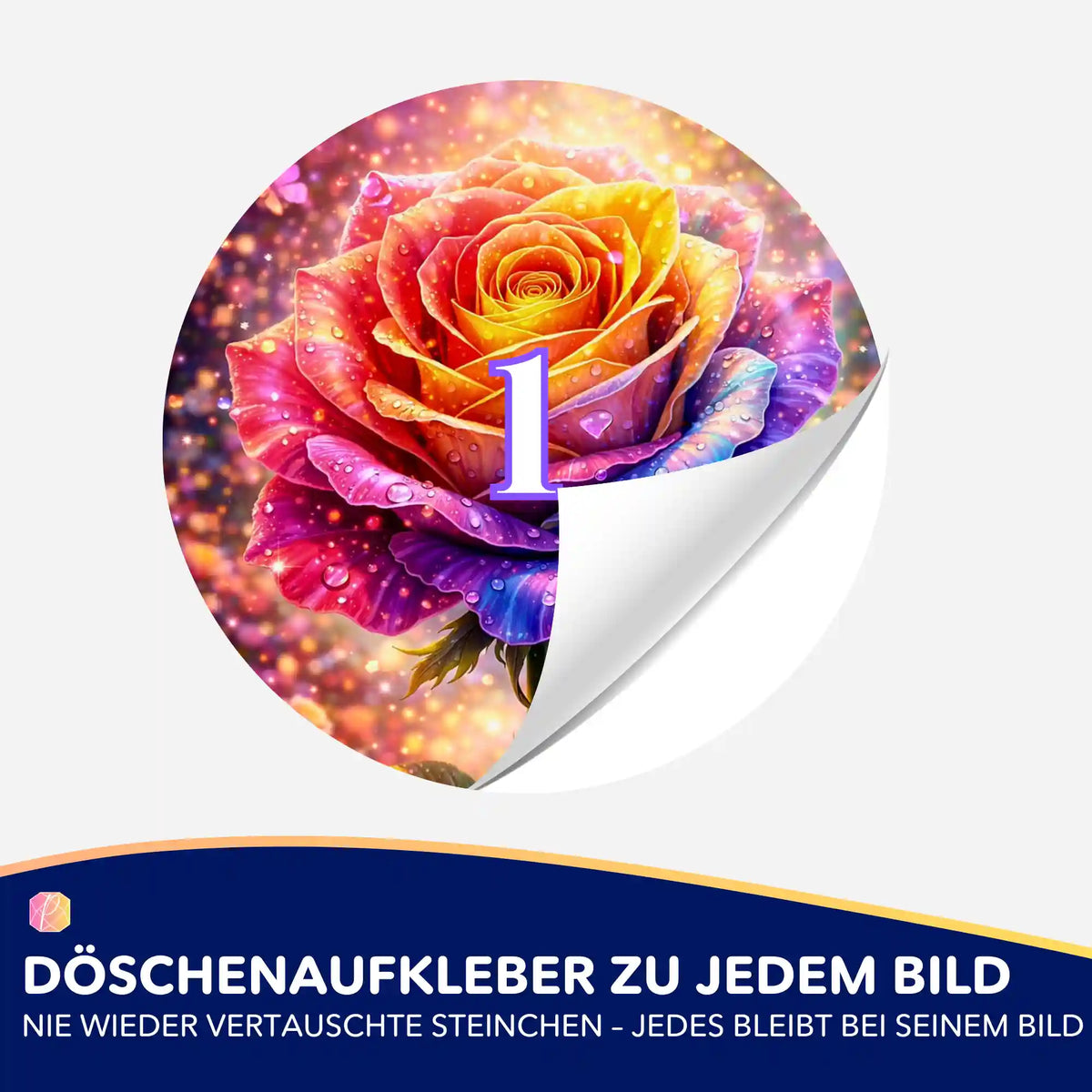 Bunter Rosen-Döschenaufkleber mit Nummer 1 für dein Diamond Painting Zubehör zur Ordnung deiner Diamanten Steinchen.