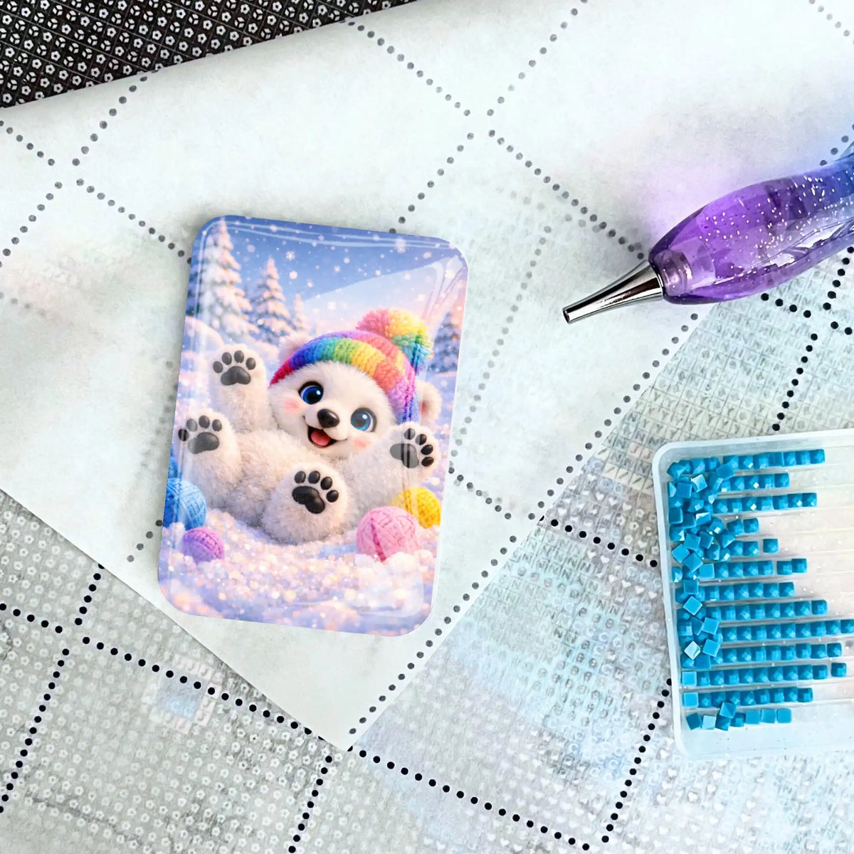 Glas Cover Minder Winterfreude mit Eisbären-Motiv als praktisches Zubehör für Diamond Painting auf Leinwand