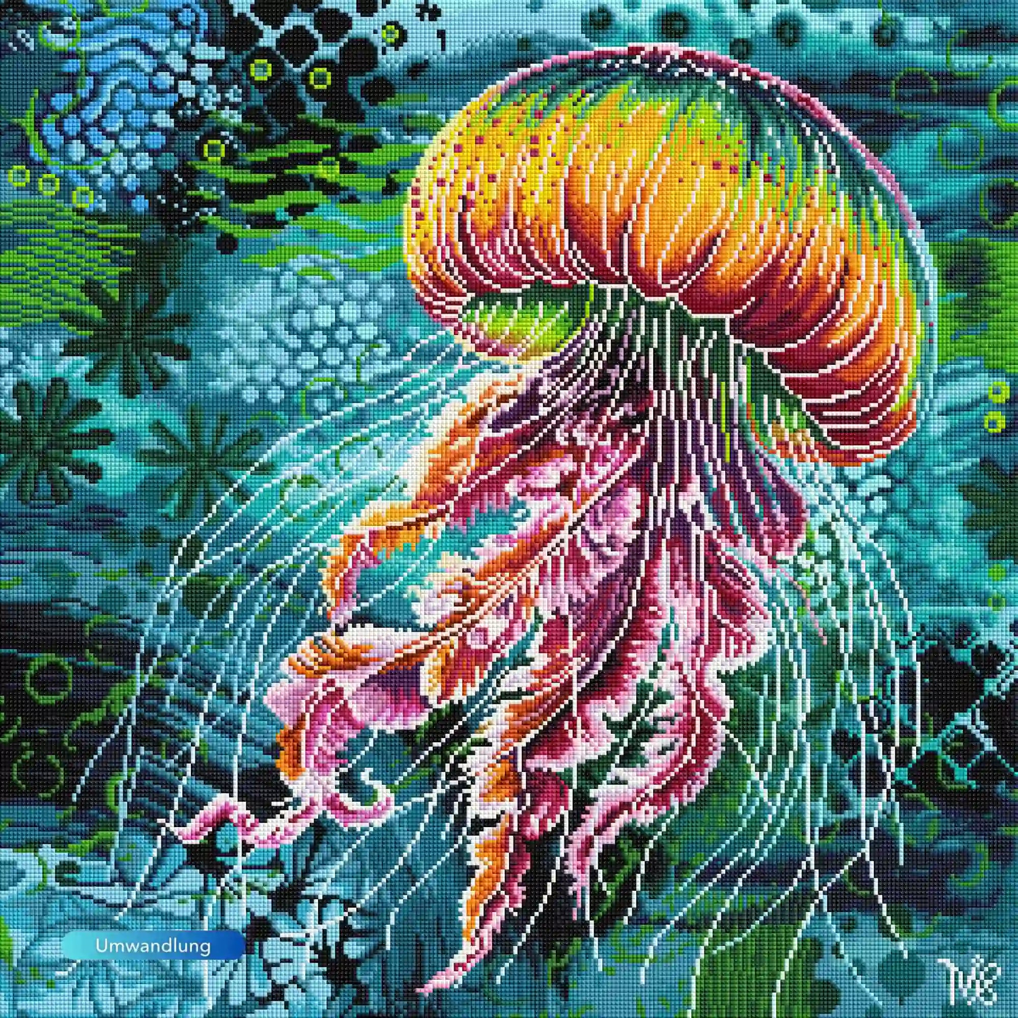 Farbenfrohes Diamond Painting Medusa Solaris mit leuchtender Qualle und Tentakeln in einer detaillierten Unterwasserwelt.