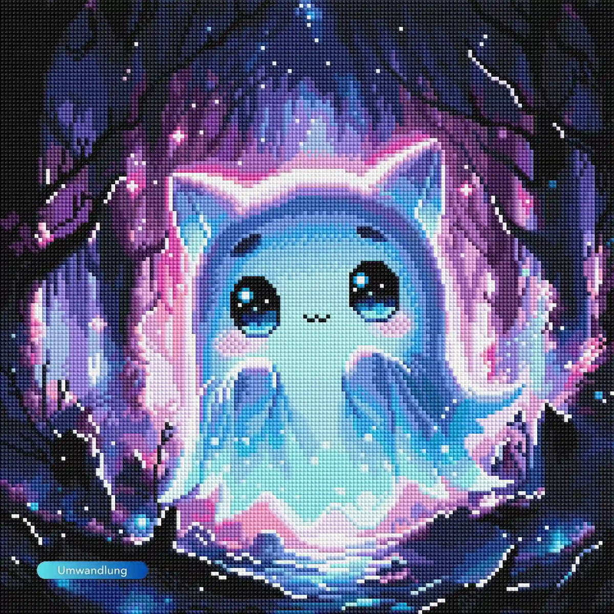 Diamond Painting Set eines niedlichen Katzengeistes im nächtlichen Zauberwald mit leuchtenden Farben und Glitzersteinen