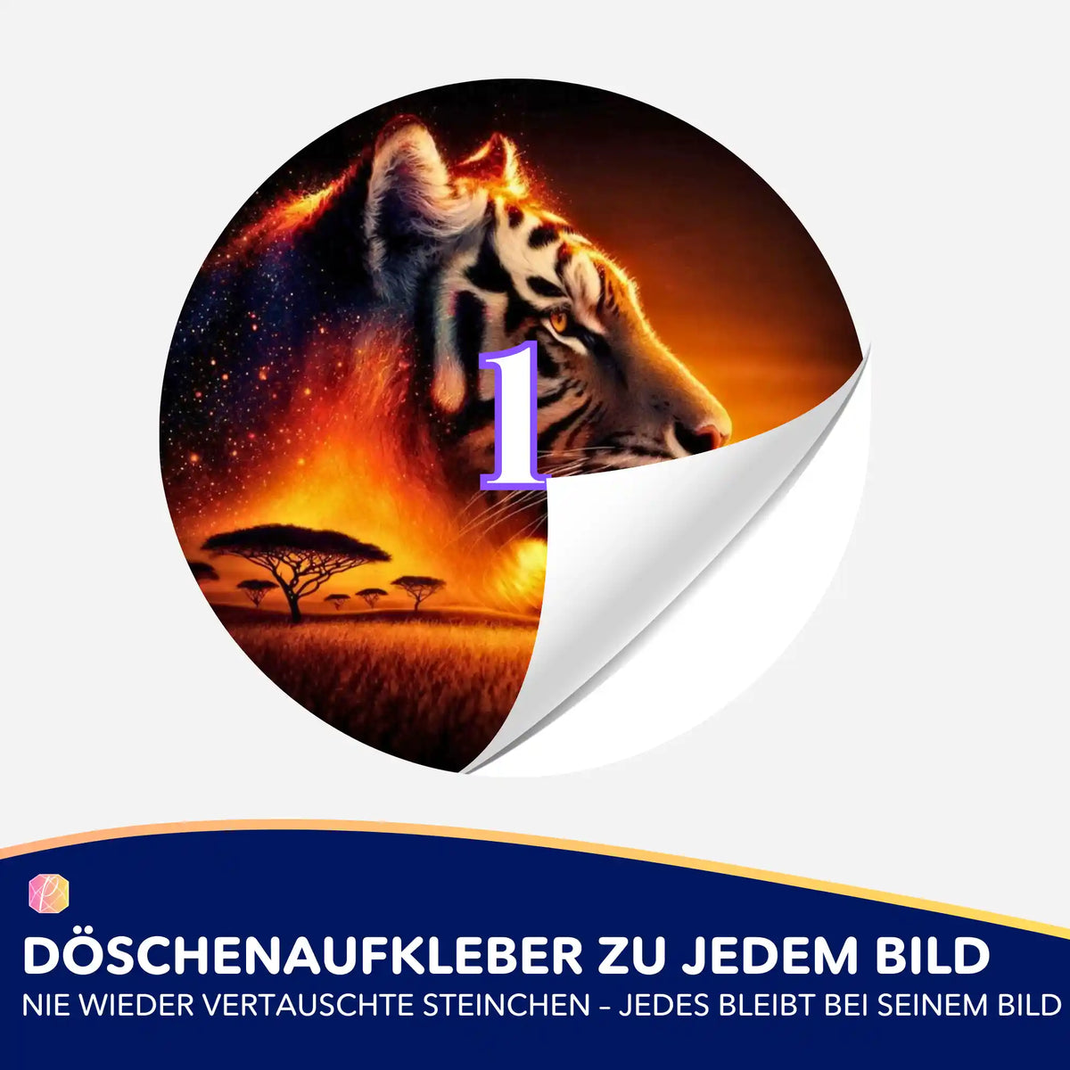 Runder Diamond Painting Döschenaufkleber mit Tiger-Motiv zur Organisation der Steinchen für dein nächstes Bastelprojekt.