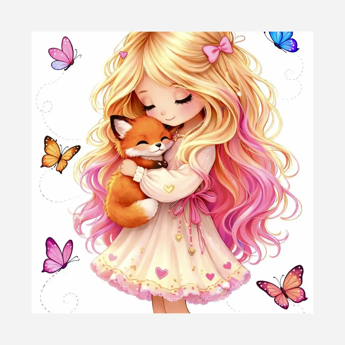 Diamond Painting Motiv: Mädchen mit blond-rosa Haaren umarmt Fuchs, umgeben von bunten Schmetterlingen