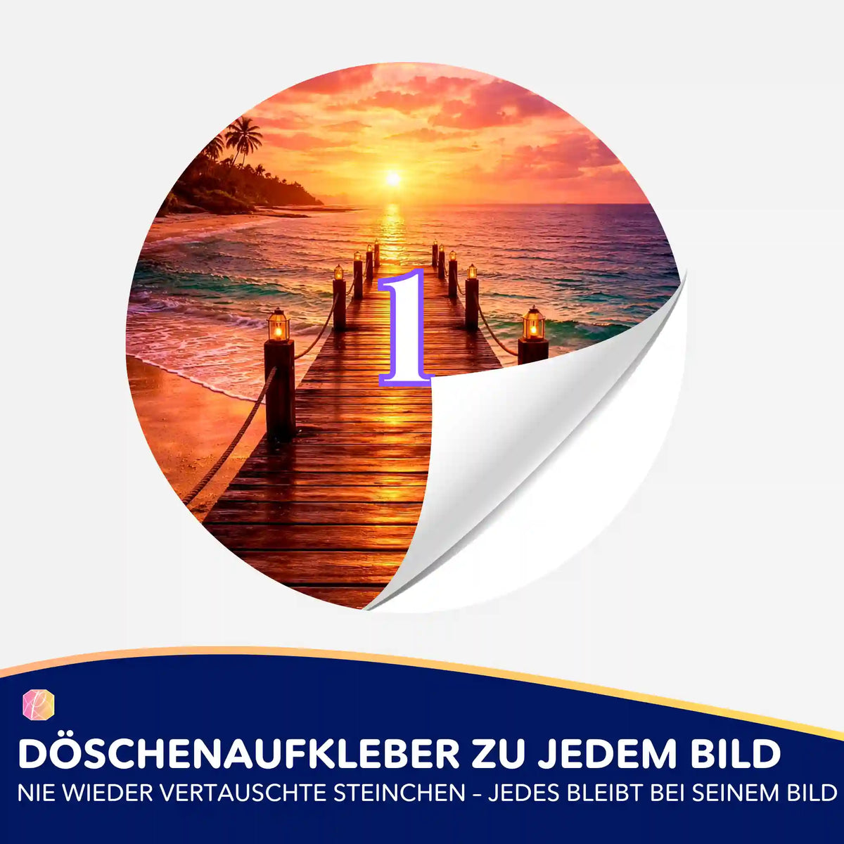 Döschenaufkleber mit der Nummer 1 für Diamond Painting Zubehör mit Motiv eines Stegs im Sonnenuntergang