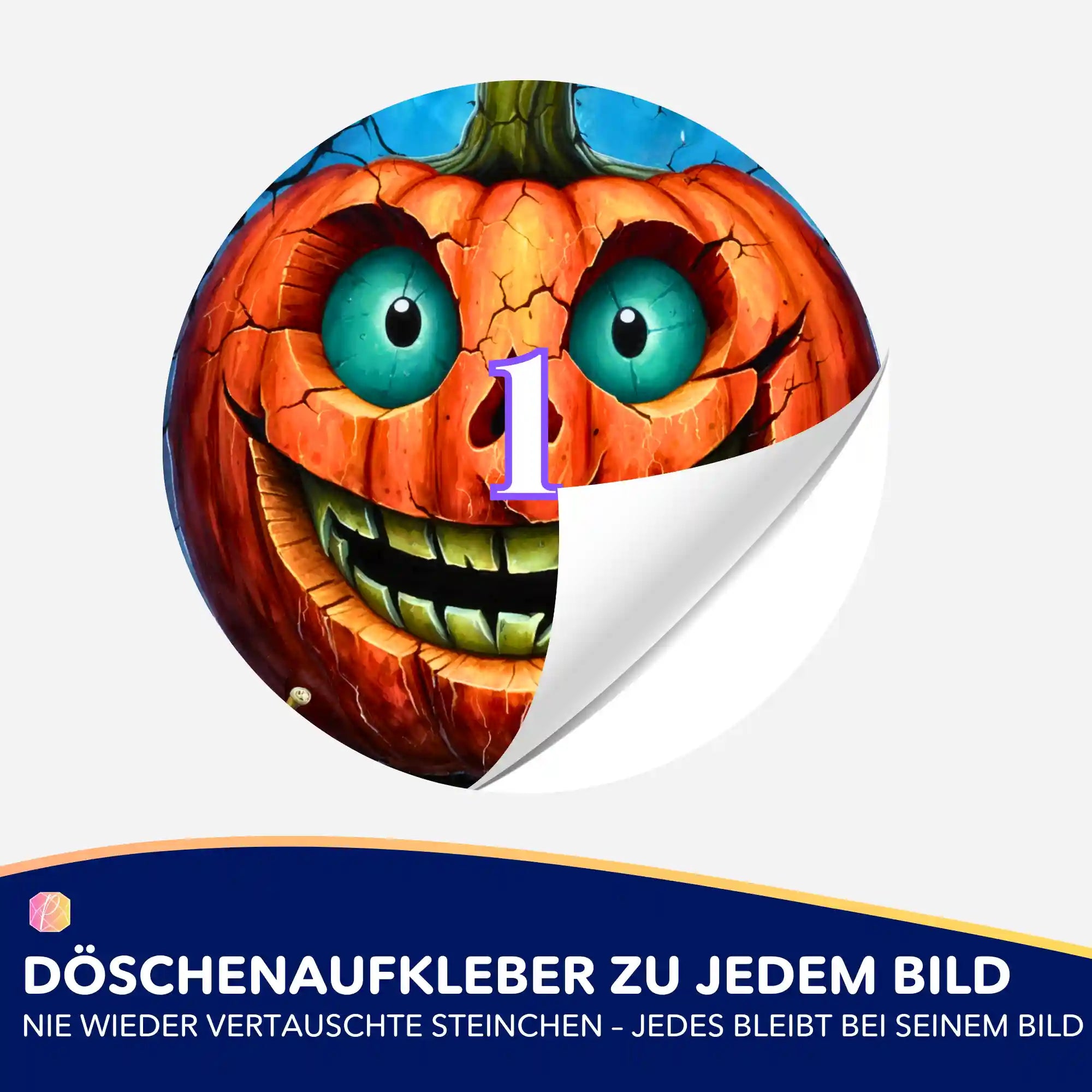 Runder Döschenaufkleber mit gruseligem Kürbis-Motiv für die Diamond Painting Steinchen-Sortierung.