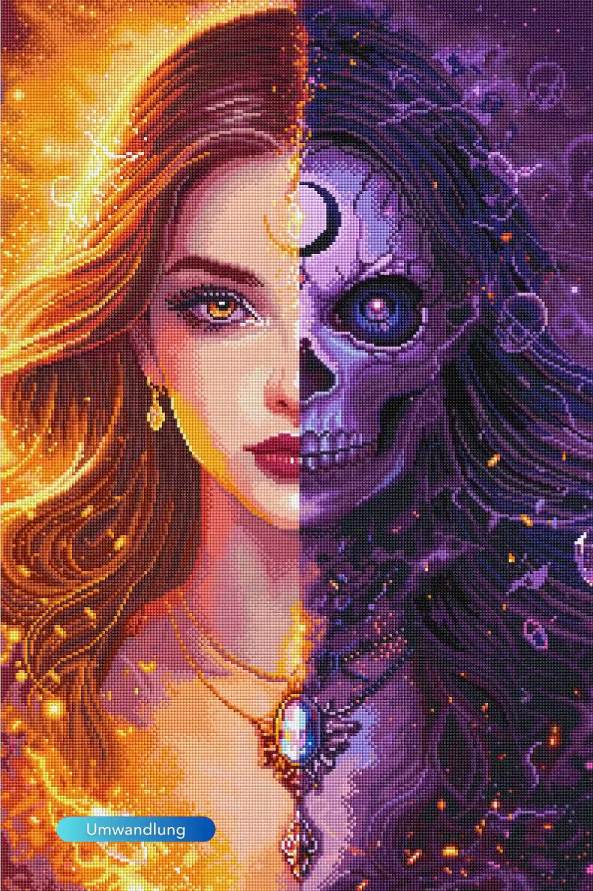 Diamond Painting Set mit Fantasy-Motiv: Mystische Frau und Totenkopf im Kontrast zwischen goldem Licht und dunkler Magie.
