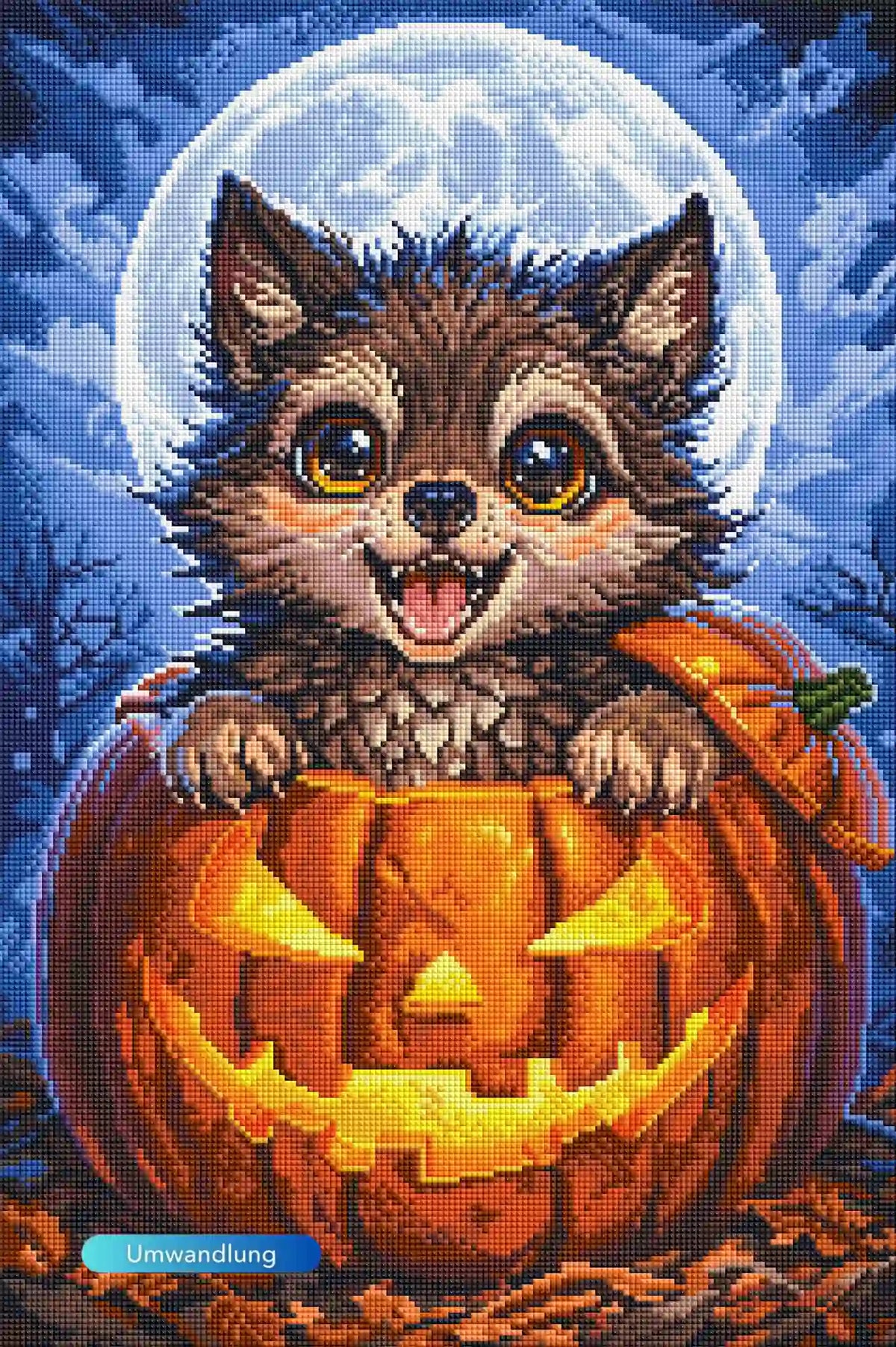 Diamond Painting Set eines niedlichen Wolfswelpen in einem Halloween-Kürbis vor Vollmond, detaillierte Glitzersteine