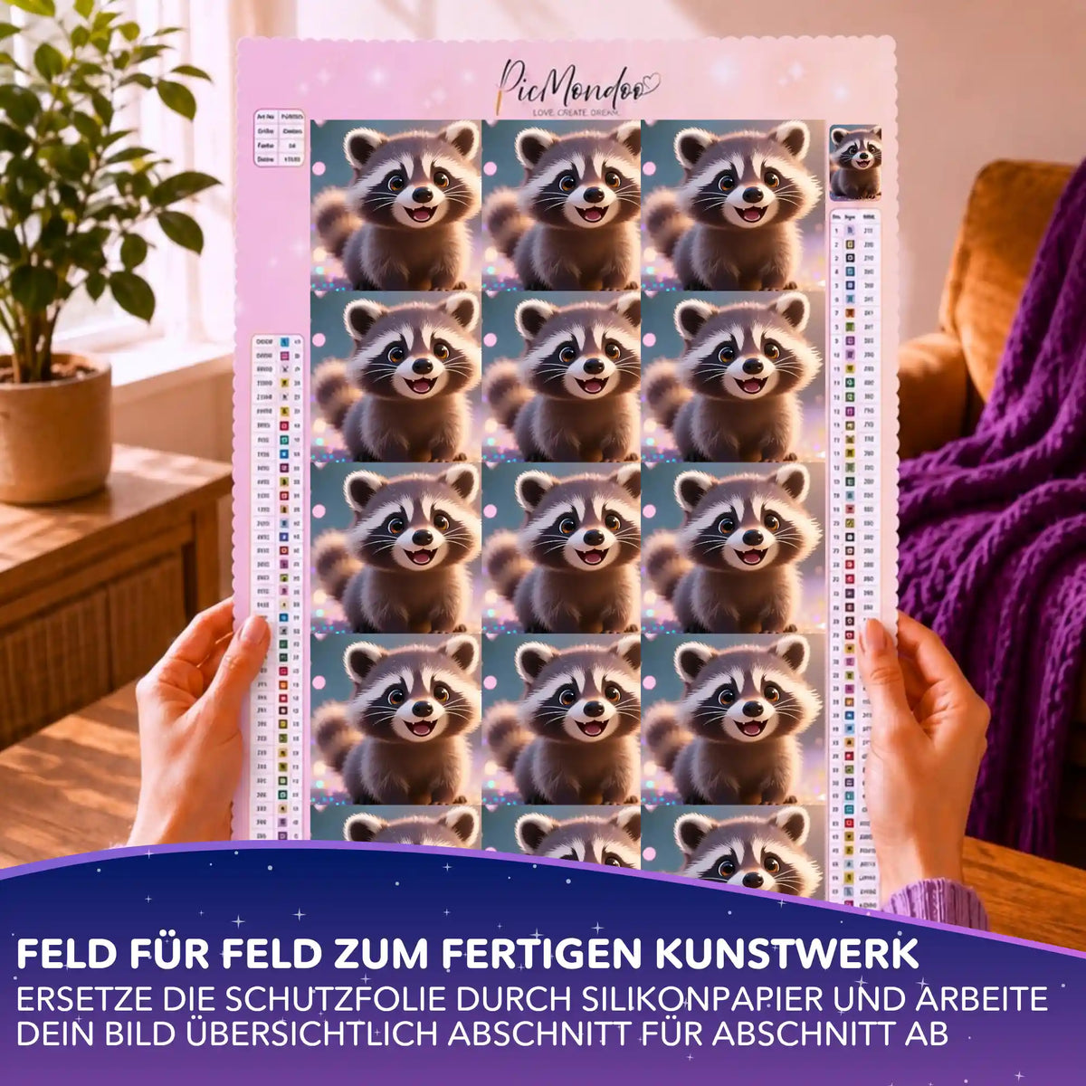 Silikonpapier Set für Diamond Painting mit niedlichem Waschbär Purzel Motiv zur Einteilung der Leinwand.