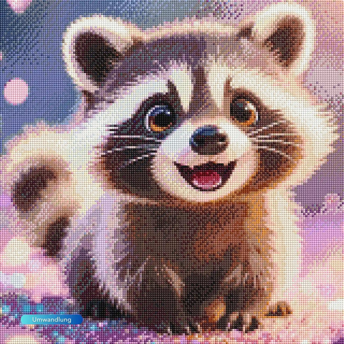 Diamond Painting mit süßem Baby-Waschbär und großen Augen auf funkelnder Leinwand