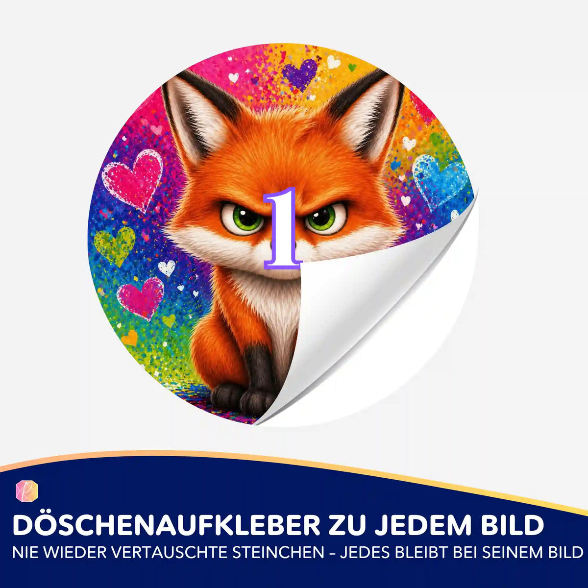 Runder Diamond Painting Döschenaufkleber mit Miesefuchs-Motiv und Zahl 1 zum Organisieren von Diamanten Steinchen.