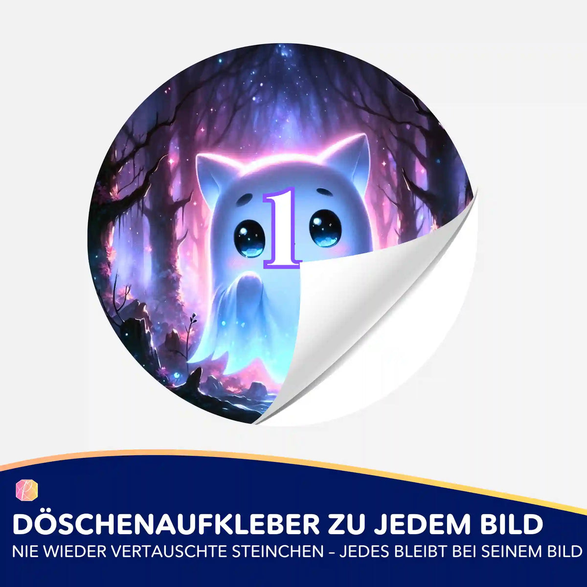 Runder Döschenaufkleber mit Glowy-Motiv für Diamond Painting Boxen zur perfekten Organisation von Diamanten-Steinchen.