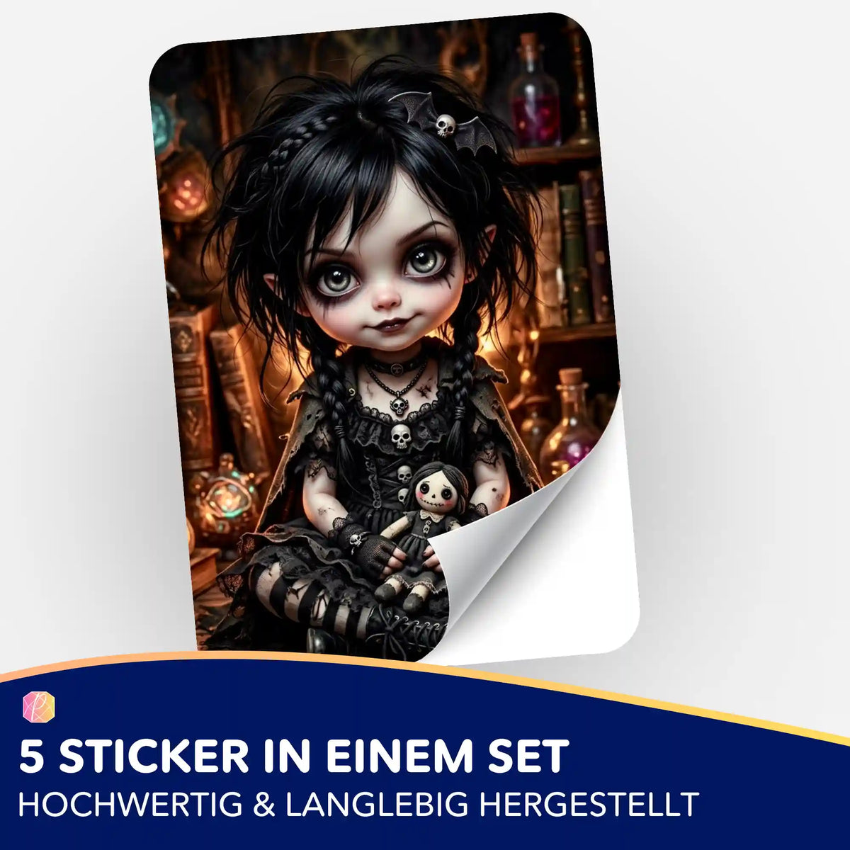 5er-Set Aufkleber Little Mistelchen für Diamond Painting Zubehör mit düsterem Mädchen-Motiv im Gothic-Stil