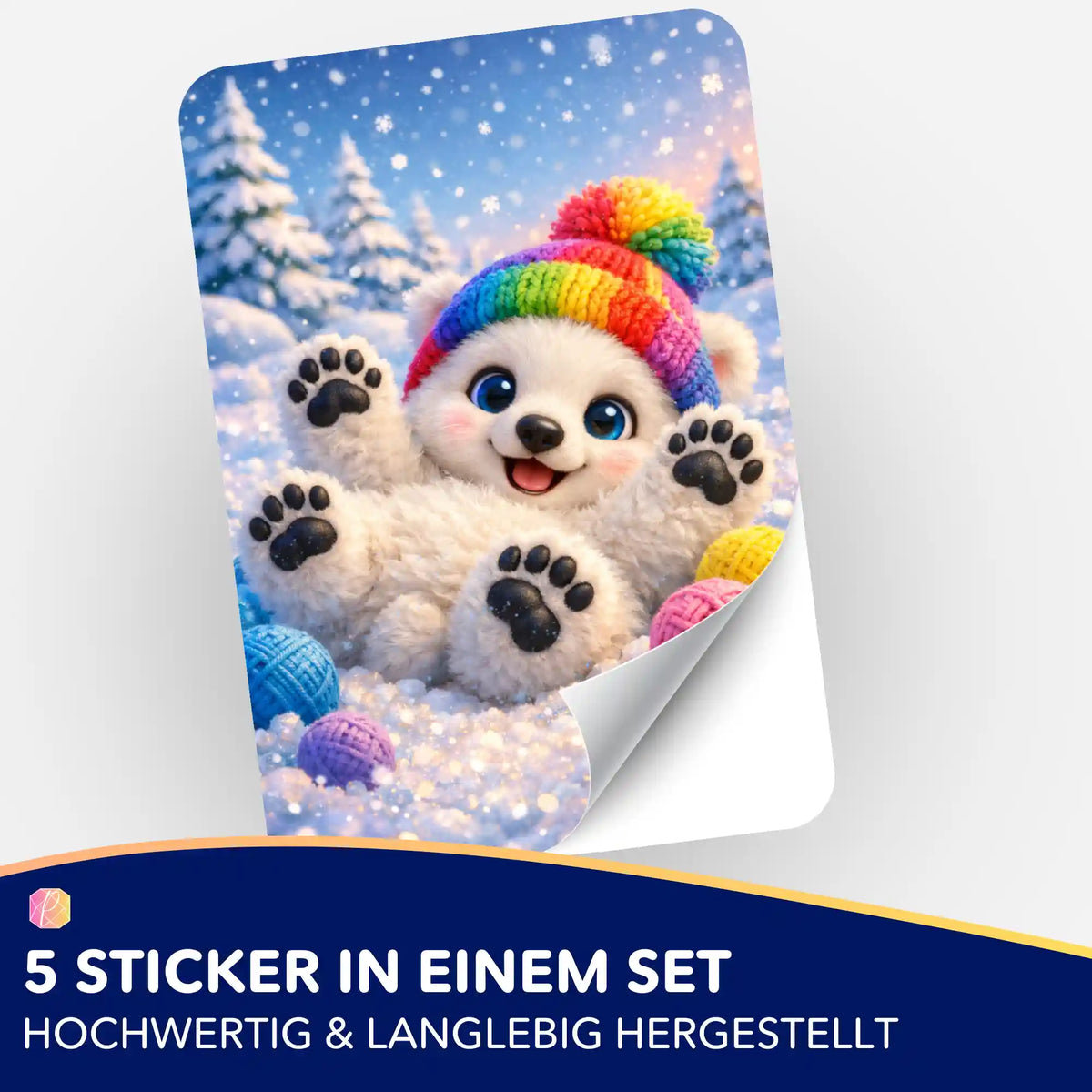 Picmondoo 5er-Set Sticker Winterfreude: süßer Eisbär mit Regenbogen-Mütze für Diamond Painting Zubehör