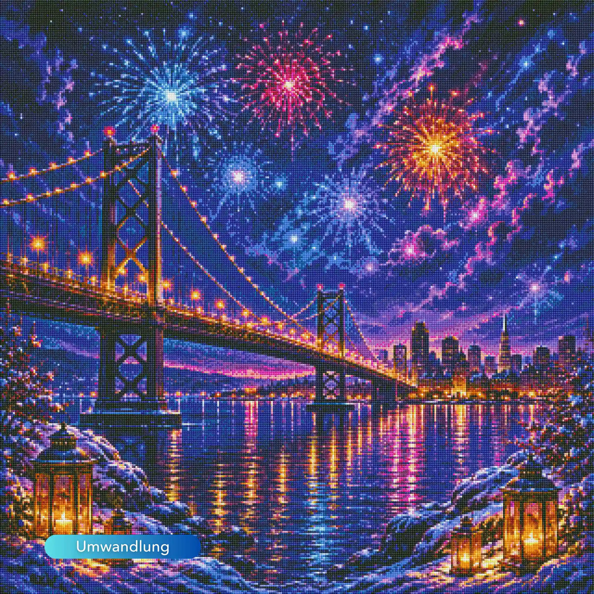 Diamond Painting Motiv mit beleuchteter Brücke, Skyline und Silvester-Feuerwerk am winterlichen Nachthimmel.