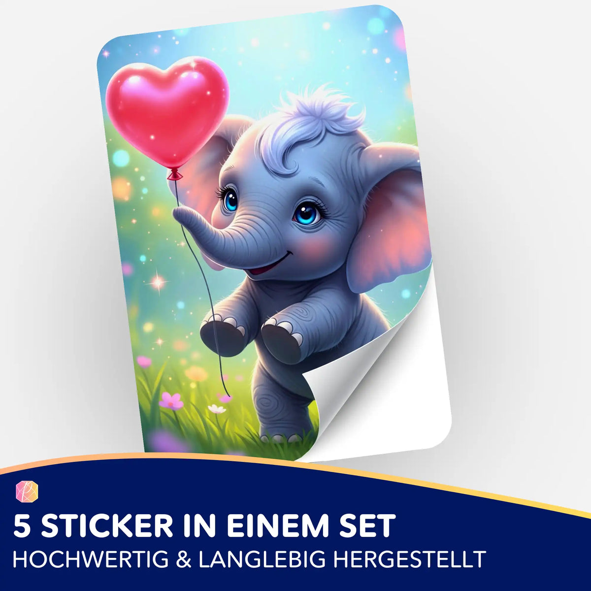 Picmondoo 5er-Stickerset mit süßem Elefanten-Motiv und Herz-Ballon zur Organisation von Diamond Painting Sets