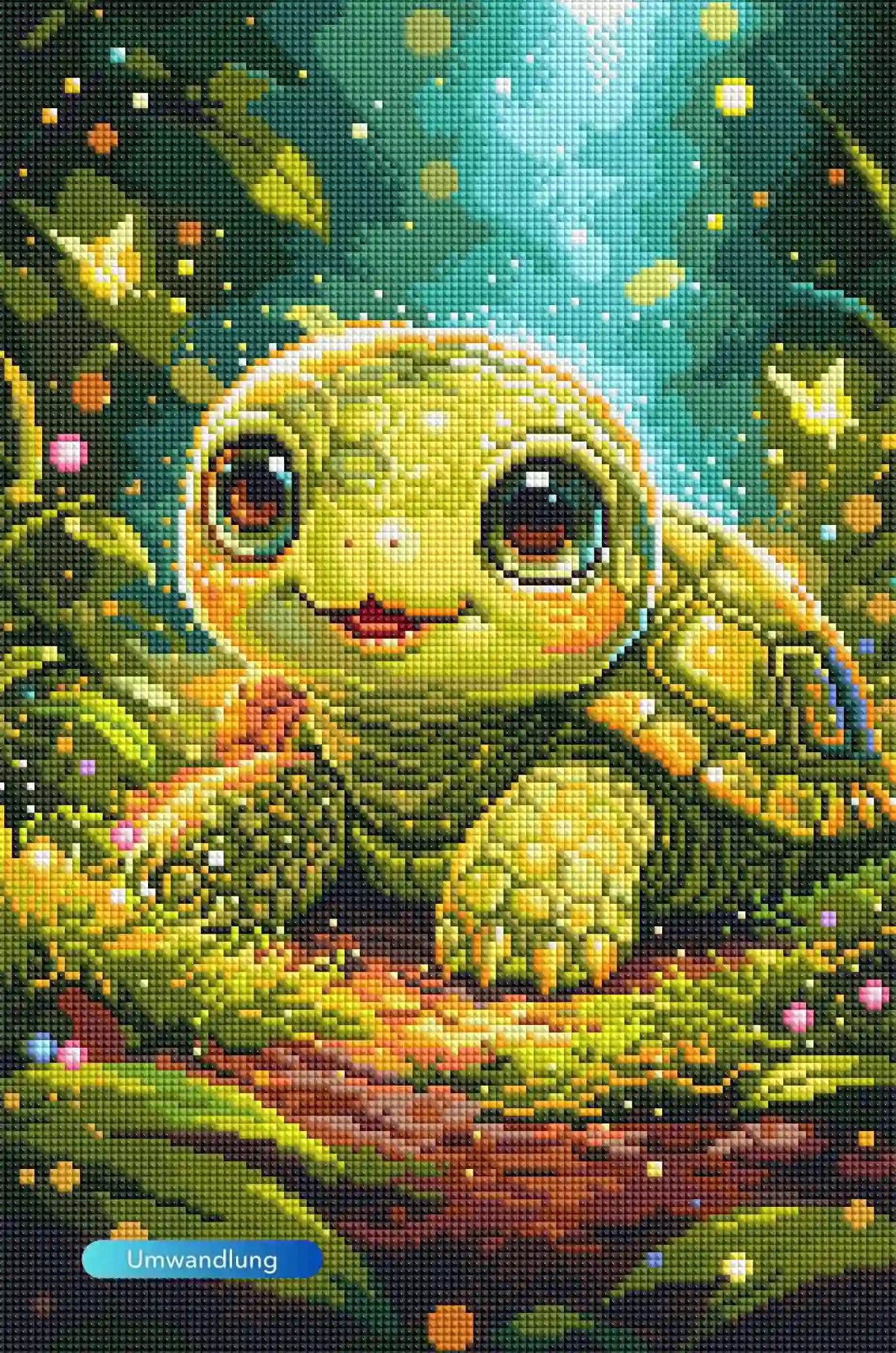 Diamond Painting Set mit niedlicher Baby-Schildkröte im magischen Wald, detailliertes Mosaik-Motiv mit grünen Akzenten.