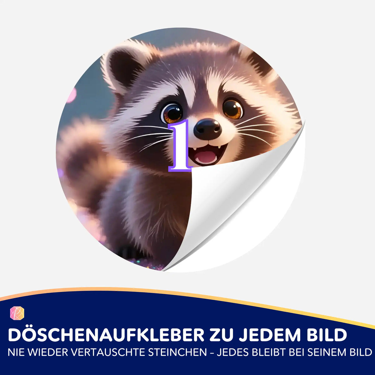 Runder Döschenaufkleber mit Waschbär Motiv für Diamond Painting Zubehör zur einfachen Sortierung der Diamanten.