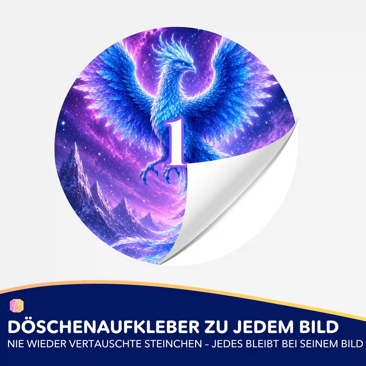 Runder Döschenaufkleber mit Winterphönix-Motiv für Diamond Painting zur übersichtlichen Sortierung der Steinfarben