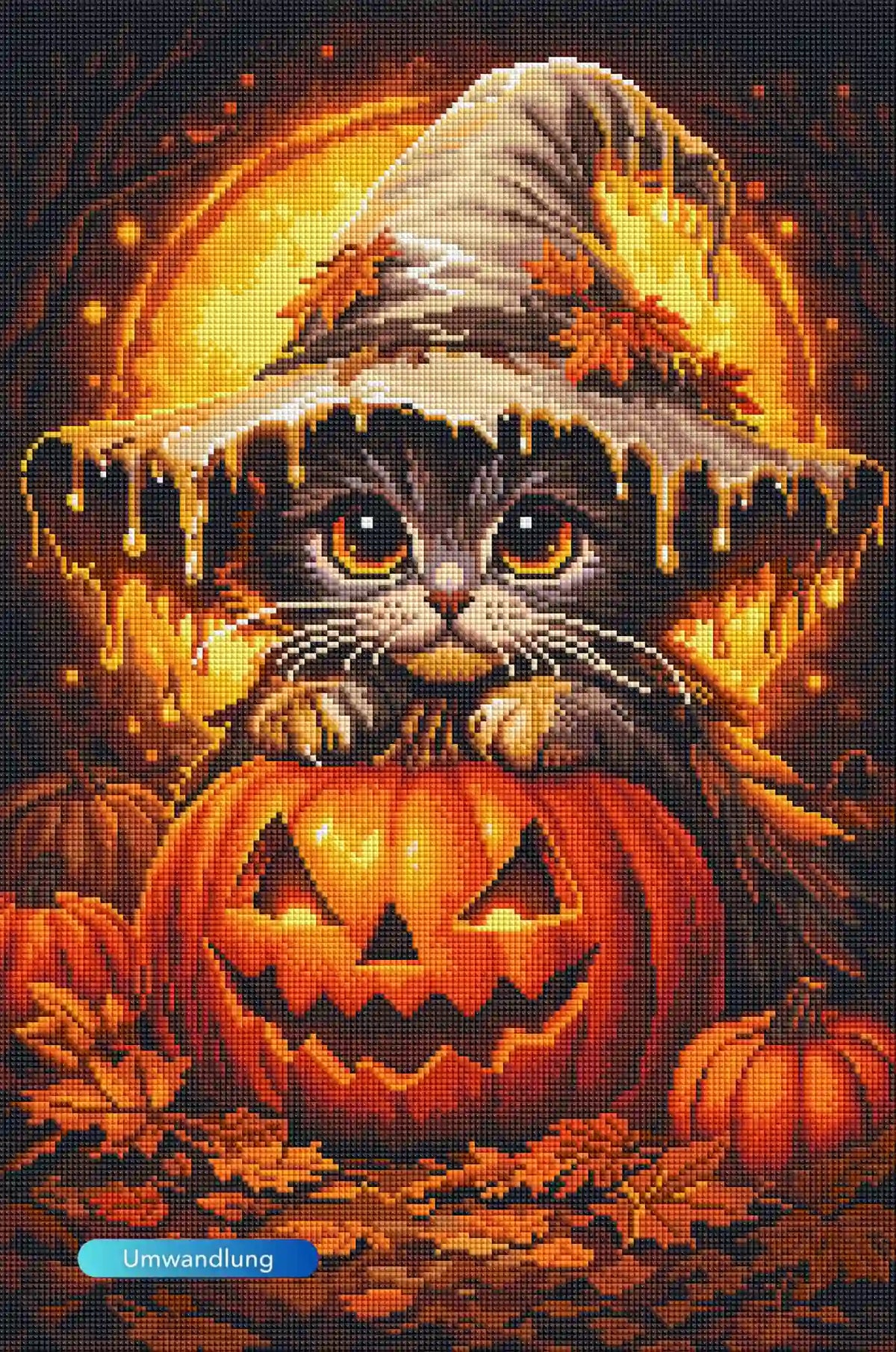 Diamond Painting Set Herbstmotiv mit Katze im Hexenhut auf leuchtendem Halloweenkürbis in Vollmondnacht