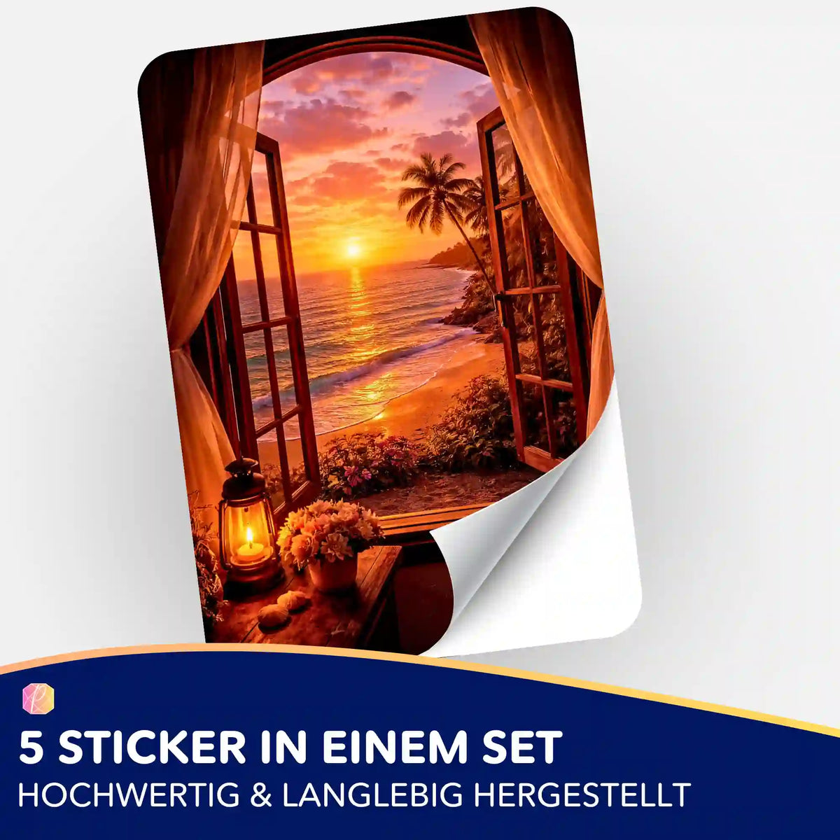 5er-Set Aufkleber Goldene Stille für Diamond Painting Zubehör mit Motiv von tropischem Sonnenuntergang am Fenster
