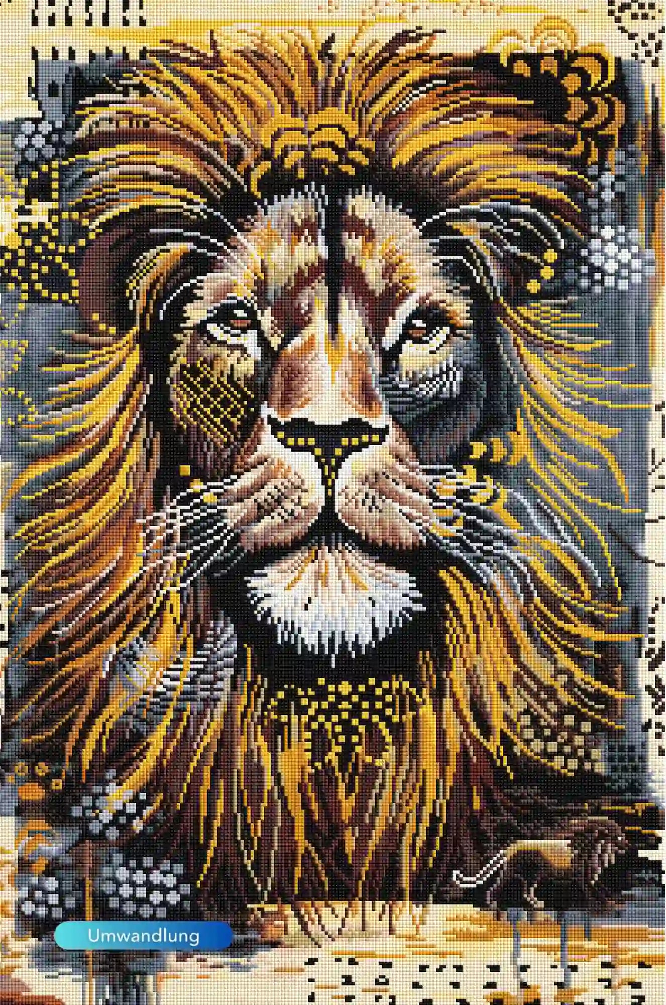 Diamond Painting Löwe mit majestätischer Goldmähne in Schwarz-Gold für kunstvolle Tierporträt-DIY-Sets