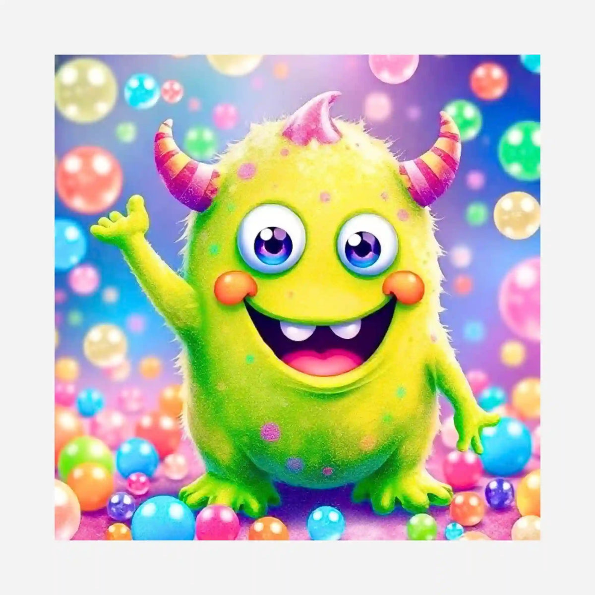 Diamond Painting Silikonpapier mit niedlichem grünen Monster Seppel, umgeben von bunten Glitzerkugeln