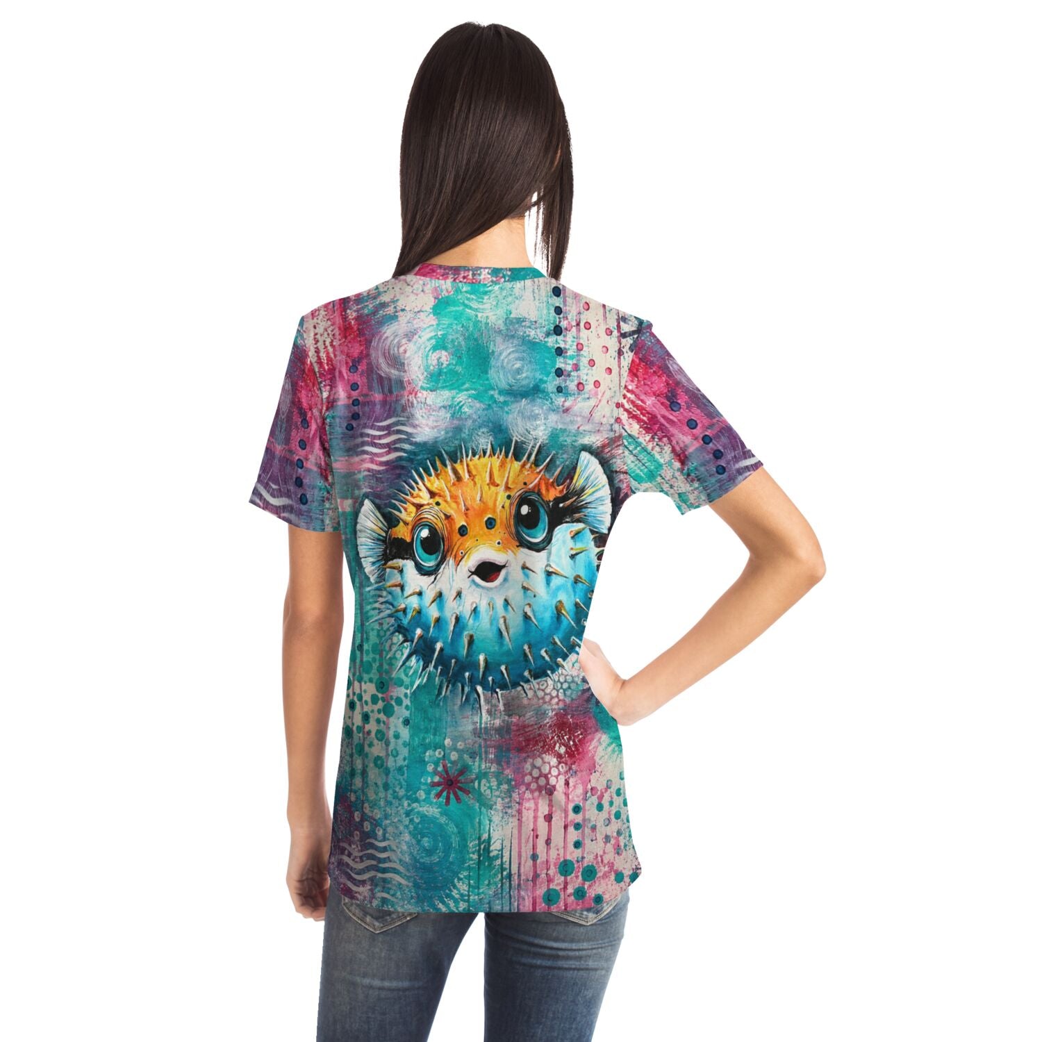 T-Shirt mit buntem Kugelfisch-Motiv im künstlerischen Design, ideal für Fans von Diamond Painting und Kreativität.