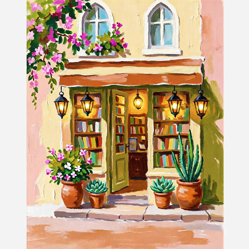 Malen nach Zahlen für Erwachsene: Gemütliche Buchhandlung mit sonnengelber Fassade, Laternen und Blumen in Töpfen.