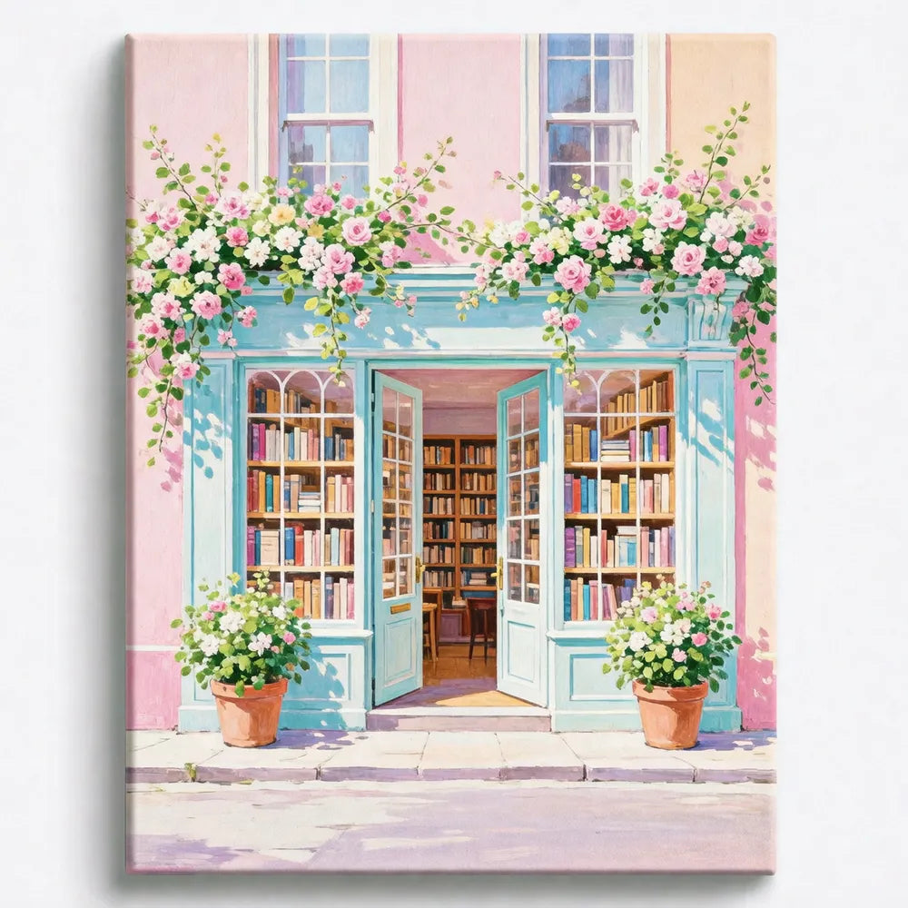 Malen nach Zahlen für Erwachsene: Ein romantischer Buchladen mit blauer Tür, Rosen und Bücherregalen auf Leinwand.