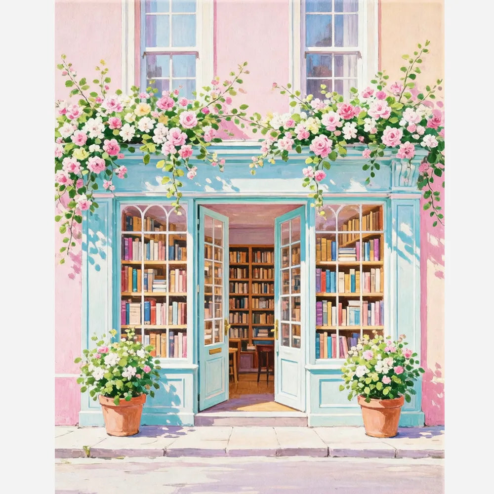 Malen nach Zahlen für Erwachsene Motiv mit blauer Buchhandlung, Rosen und rosa Hausfassade als DIY-Bastelset
