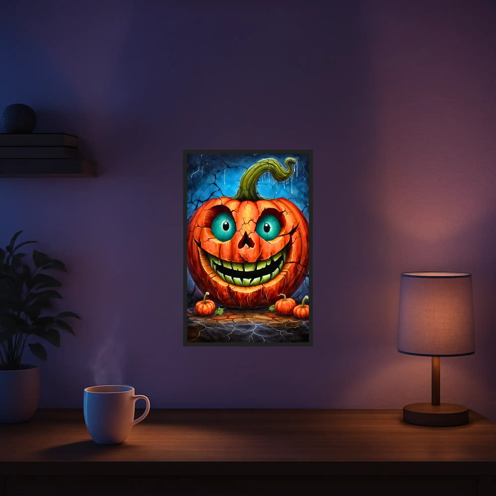 Diamond Painting Set Halloween Kürbis mit leuchtenden Augen im Comicstil als mystische Wanddekoration