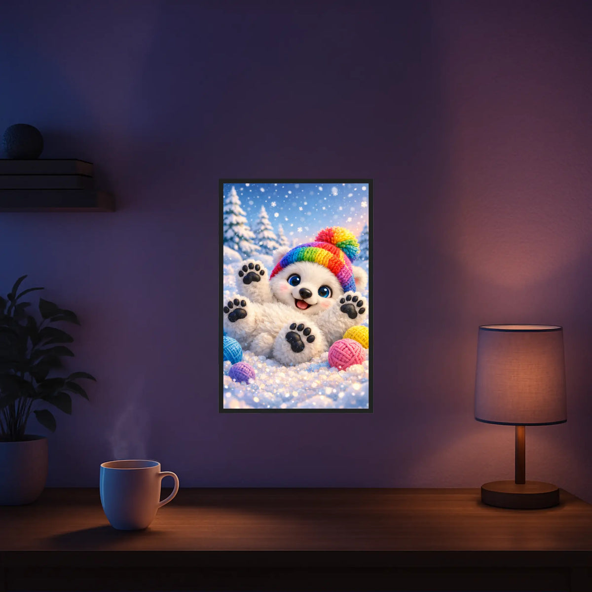 Diamond Painting Set eines niedlichen Eisbärs mit bunter Bommelmütze im verschneiten Winterwald, eingerahmt an der Wand.