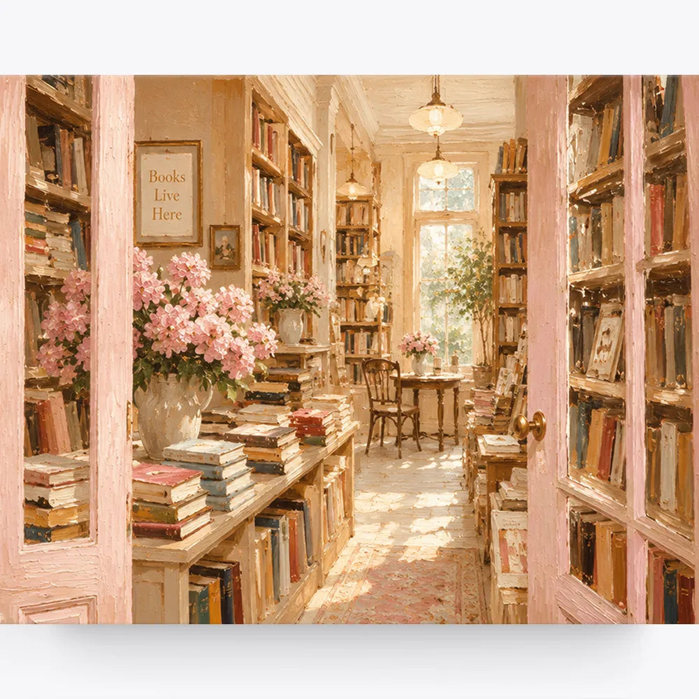 Malen nach Zahlen für Erwachsene Motiv mit gemütlicher Bibliothek, Bücherregalen, Blumen und warmem Licht.