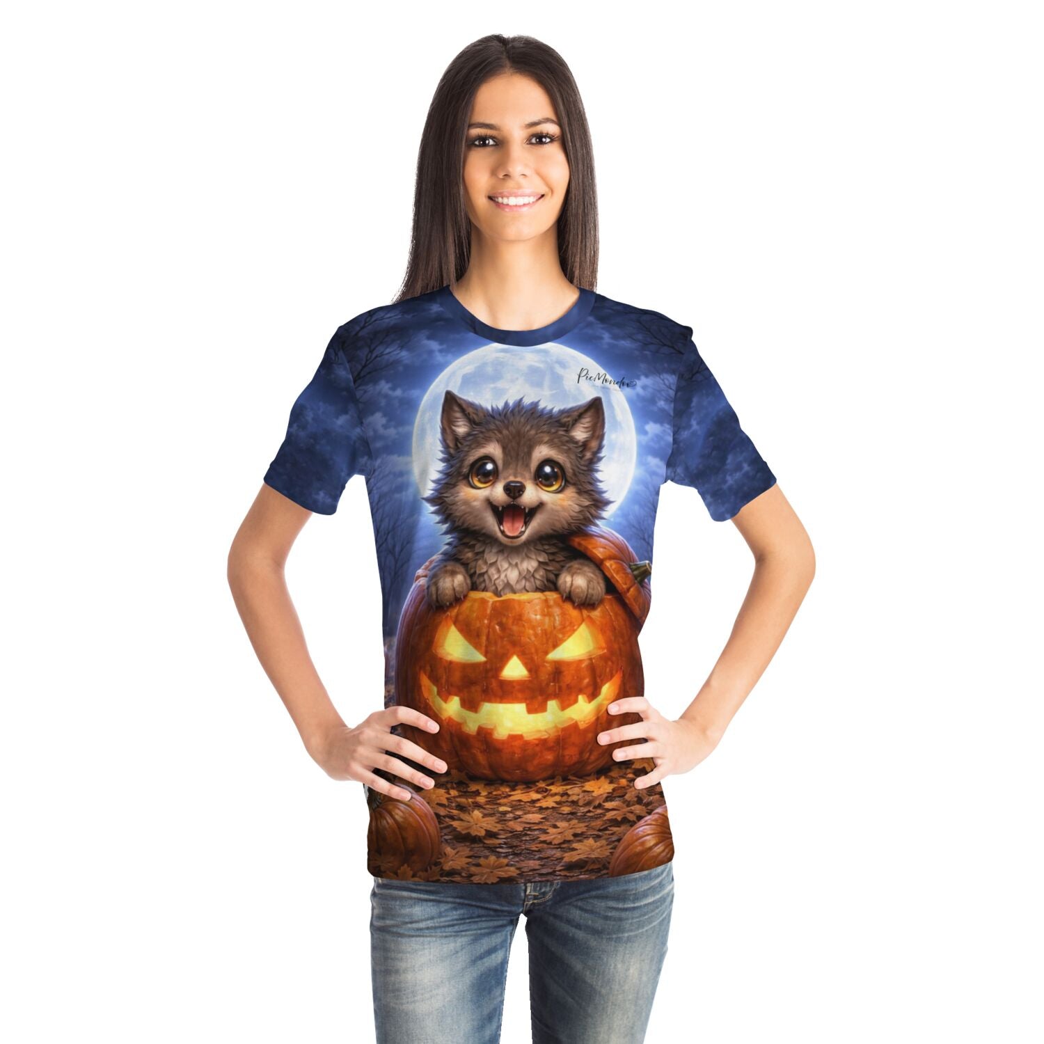 Frau trägt Dreamer T-Shirt mit Mondwolf-Motiv im Kürbis, inspiriert von kunstvollen Diamond Painting Designs