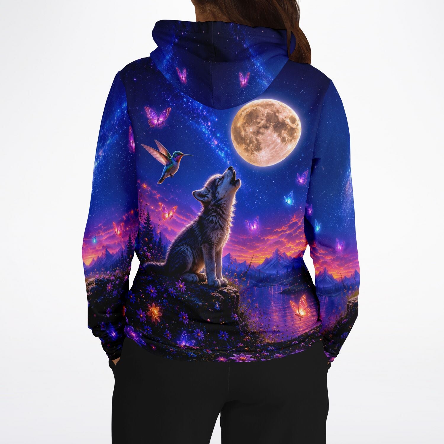 Dreamer Hoodie mit Wolf, Vollmond und Kolibri Motiv im Stil von hochwertigem Diamond Painting und Malen nach Zahlen