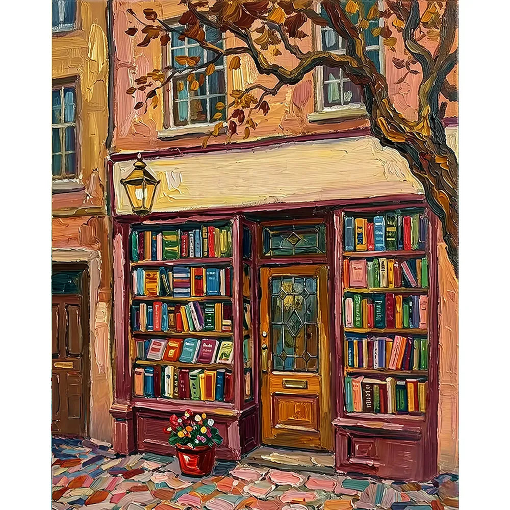 Malen nach Zahlen für Erwachsene: Ein gemütlicher Buchladen mit herbstlichen Farben und Regalen voller bunter Bücher.