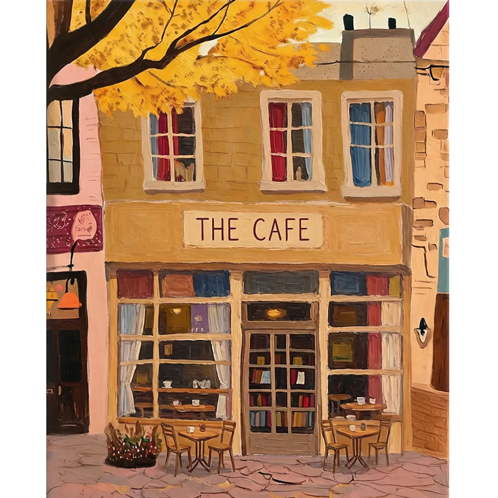 Malen nach Zahlen für Erwachsene Motiv The Cafe mit herbstlicher Straßenszene und warmen Farben auf Leinwand