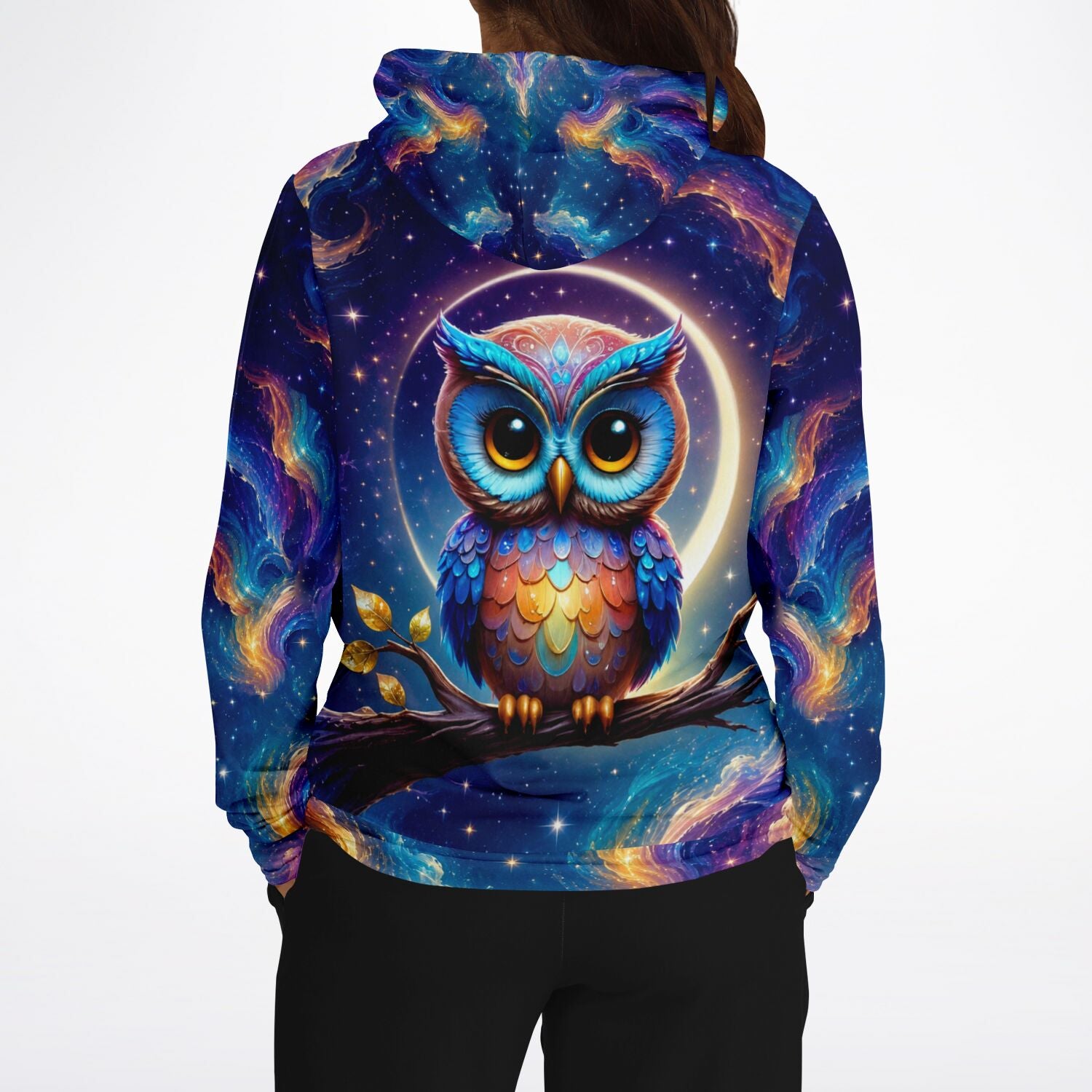 Hoodie mit Eulen Design im Diamond Painting Stil und buntem Galaxie-Hintergrund für Fans von kreativen DIY-Motiven