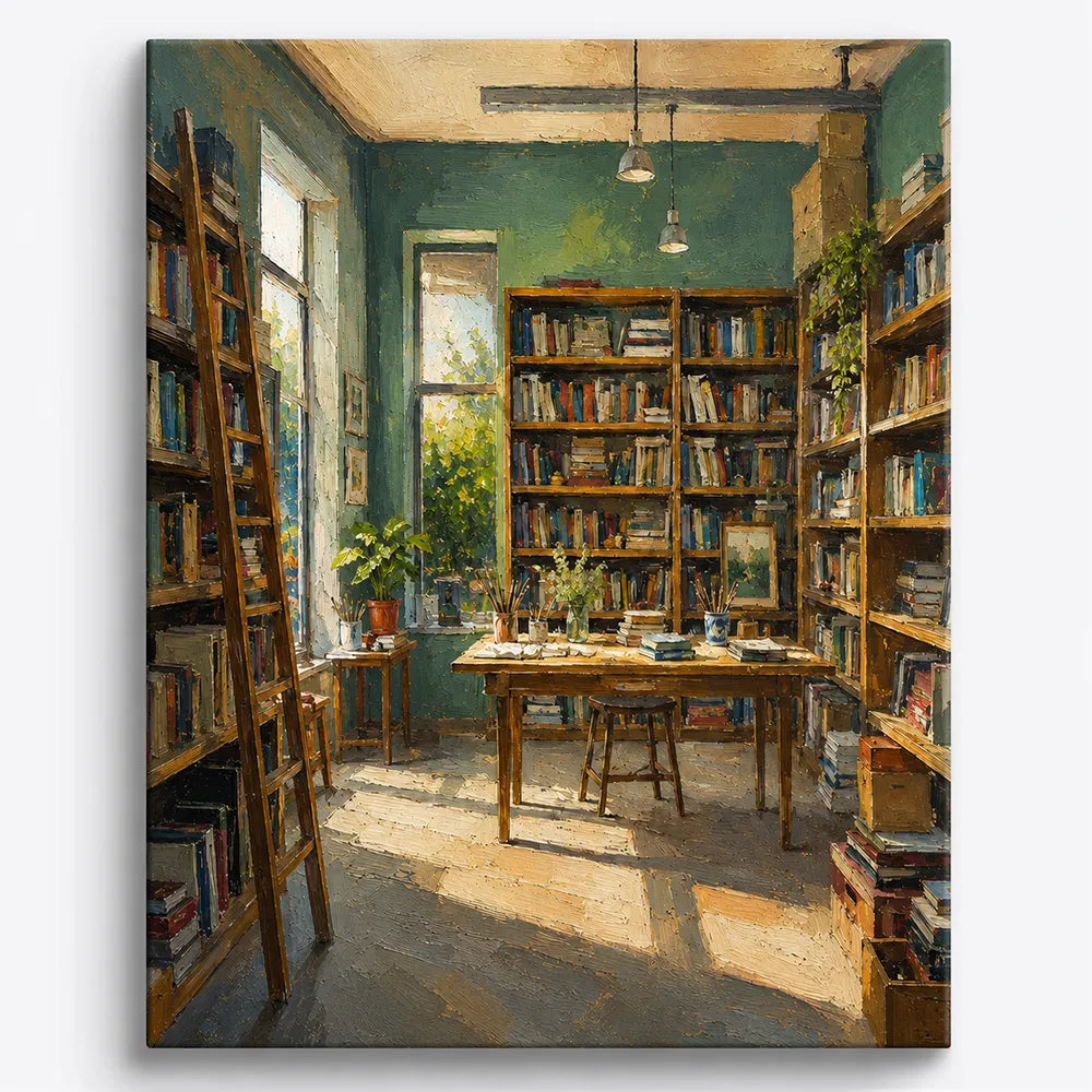 Malen nach Zahlen für Erwachsene: Gemütliche Bibliothek mit Bücherregalen, Leitern und Schreibtisch in warmem Licht.