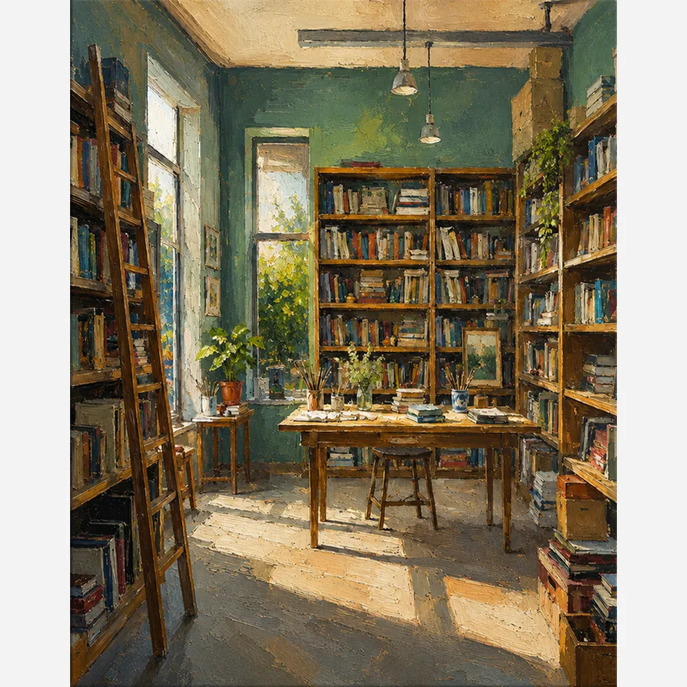 Malen nach Zahlen für Erwachsene: Gemütliche Bibliothek mit Bücherregalen und Lesetisch in warmem Licht.