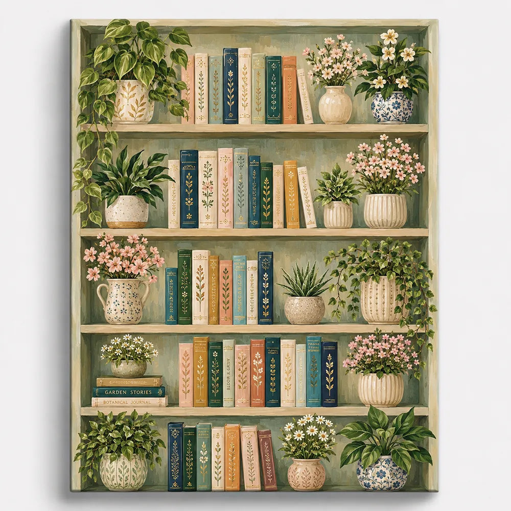 Malen nach Zahlen für Erwachsene: Bücherregal mit Pastell-Büchern, grünen Zimmerpflanzen und Blumen in dekorativen Vasen.