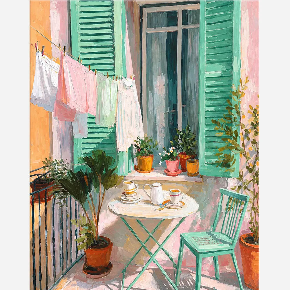 Malen nach Zahlen für Erwachsene Motiv: sonniger Balkon mit Kaffeetisch, Topfpflanzen und Wäscheleine in Pastellfarben