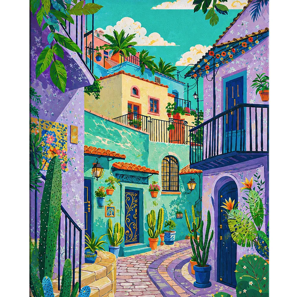 Malen nach Zahlen für Erwachsene: Mediterrane Gasse mit bunten Häusern, Kakteen und Mosaikpflasterung in leuchtenden Farben.