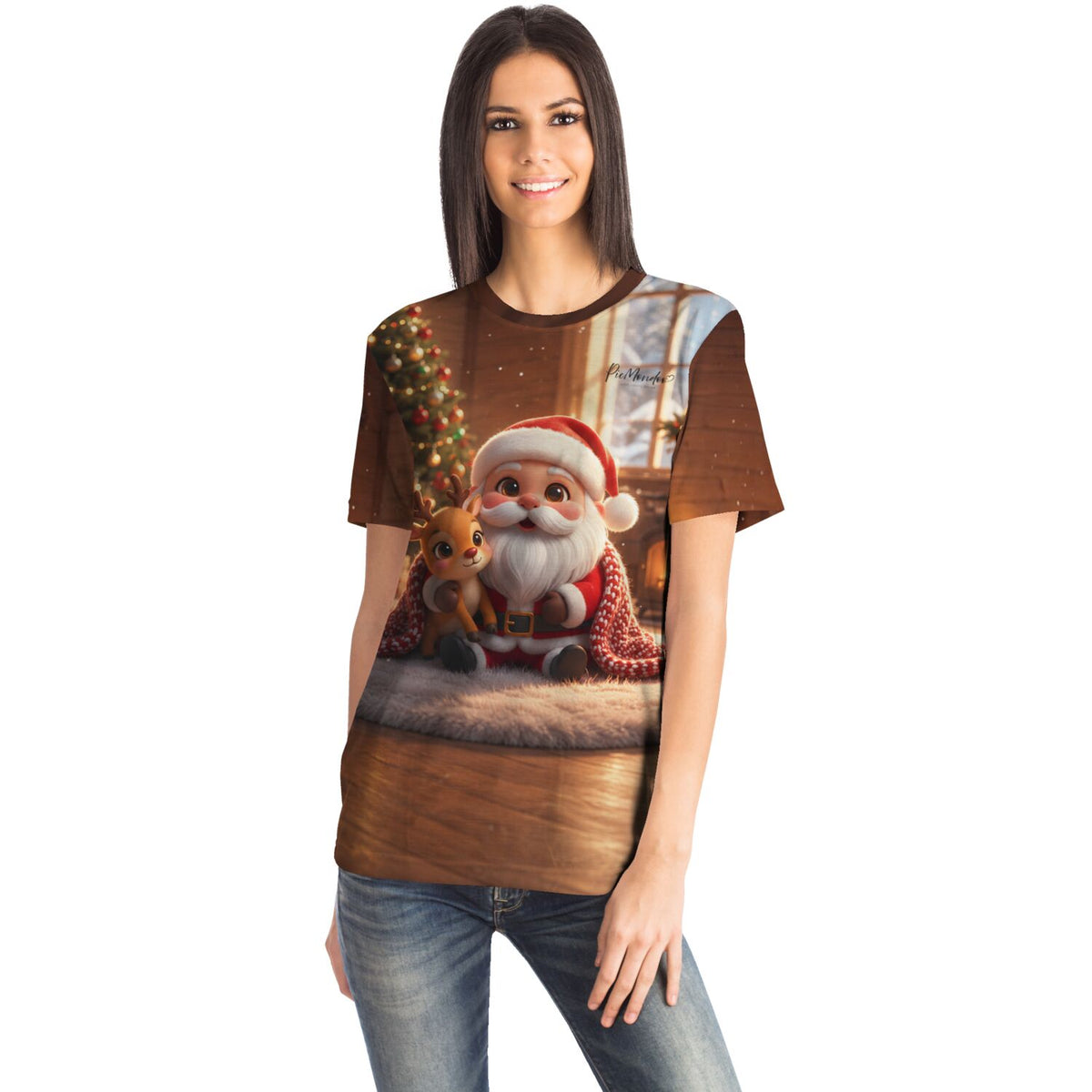 Frau trägt Dreamer T-Shirt mit weihnachtlichem Rentier- und Weihnachtsmann-Motiv im Stil von Diamond Painting Kunst