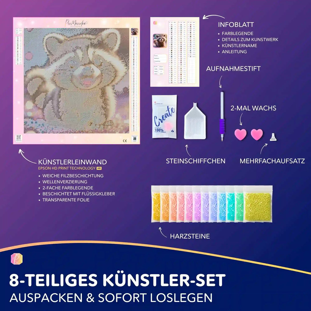 Diamond Painting Set Waschbär mit Zubehör, Leinwand und bunten Steinen für DIY-Kunstwerke.