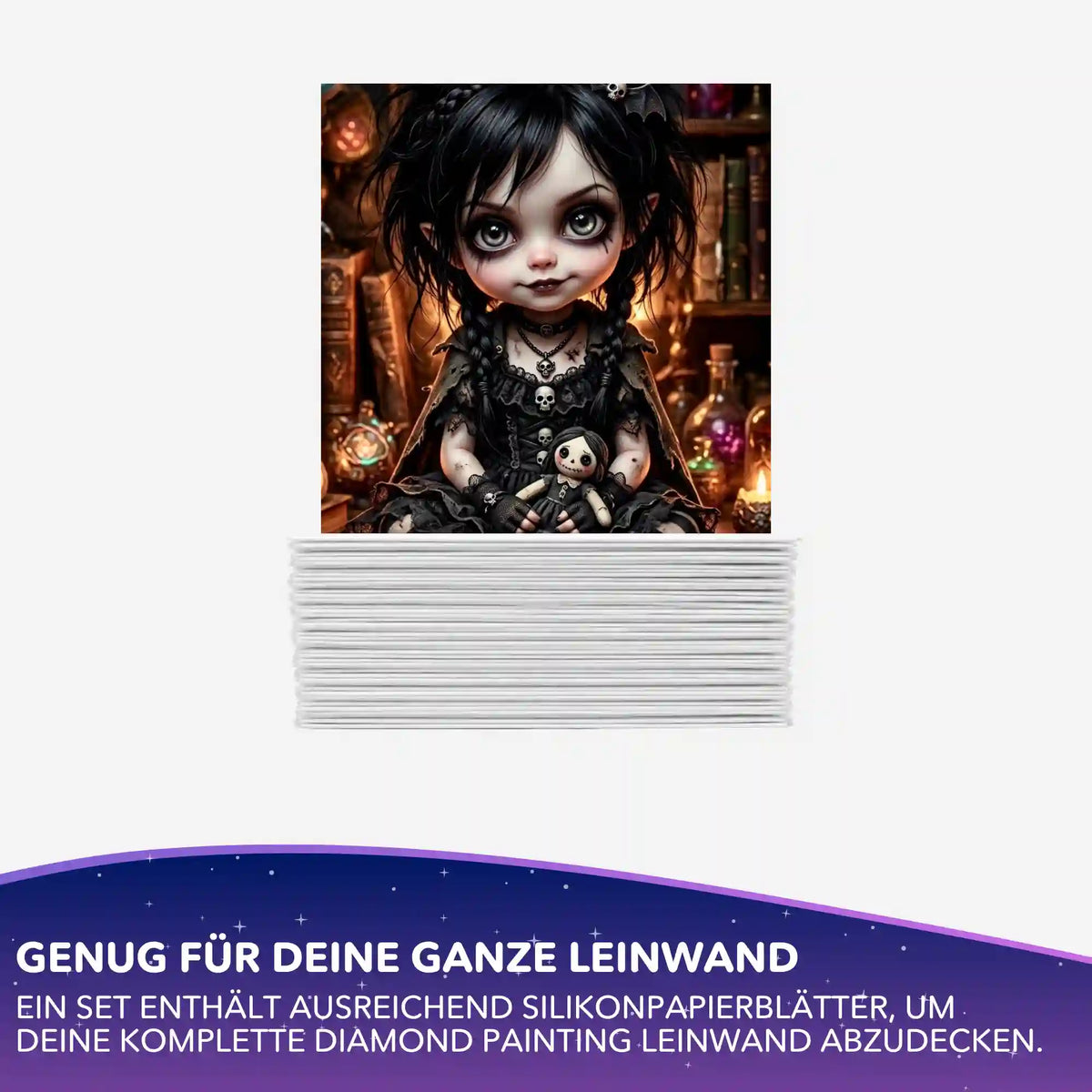 Diamond Painting Zubehör: Silikonpapier-Set 10x10 cm für Leinwand mit Gothic-Puppe Little Mistelchen
