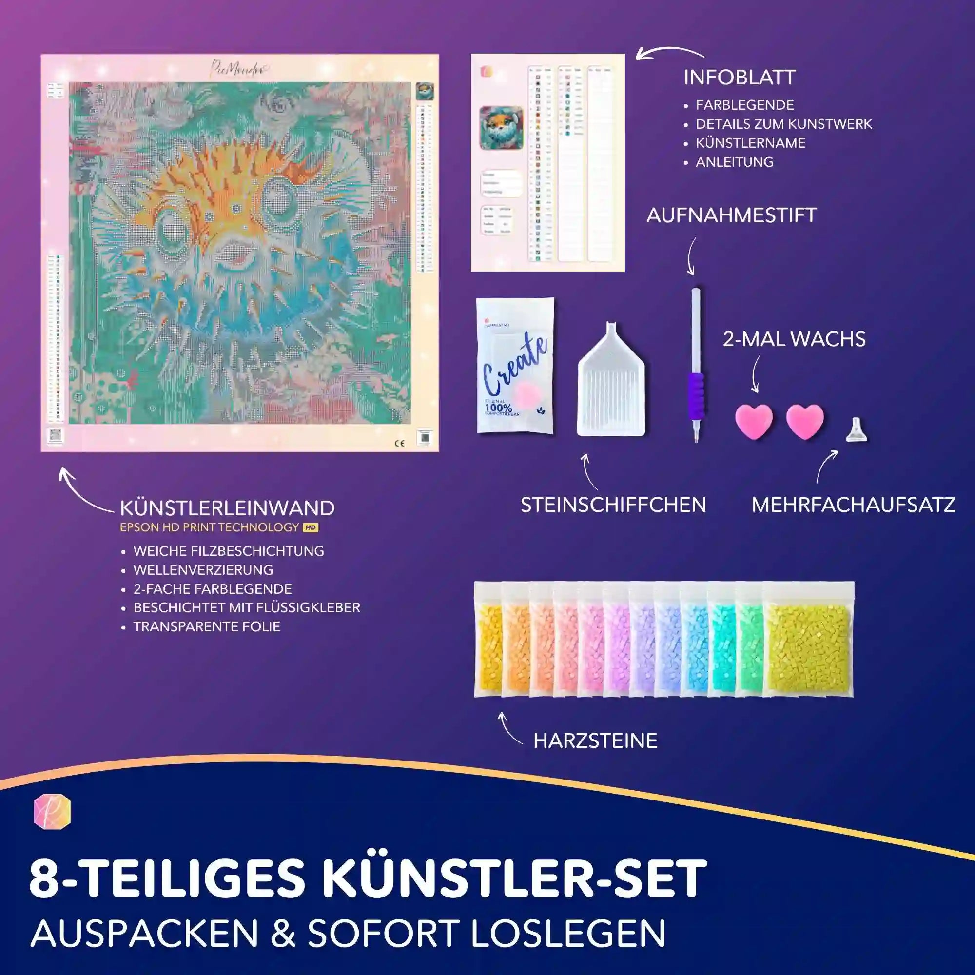 Diamond Painting Set Mut zur Größe mit Kugelfisch-Motiv, Zubehör, bunten Harzsteinen und hochwertiger Künstler-Leinwand.