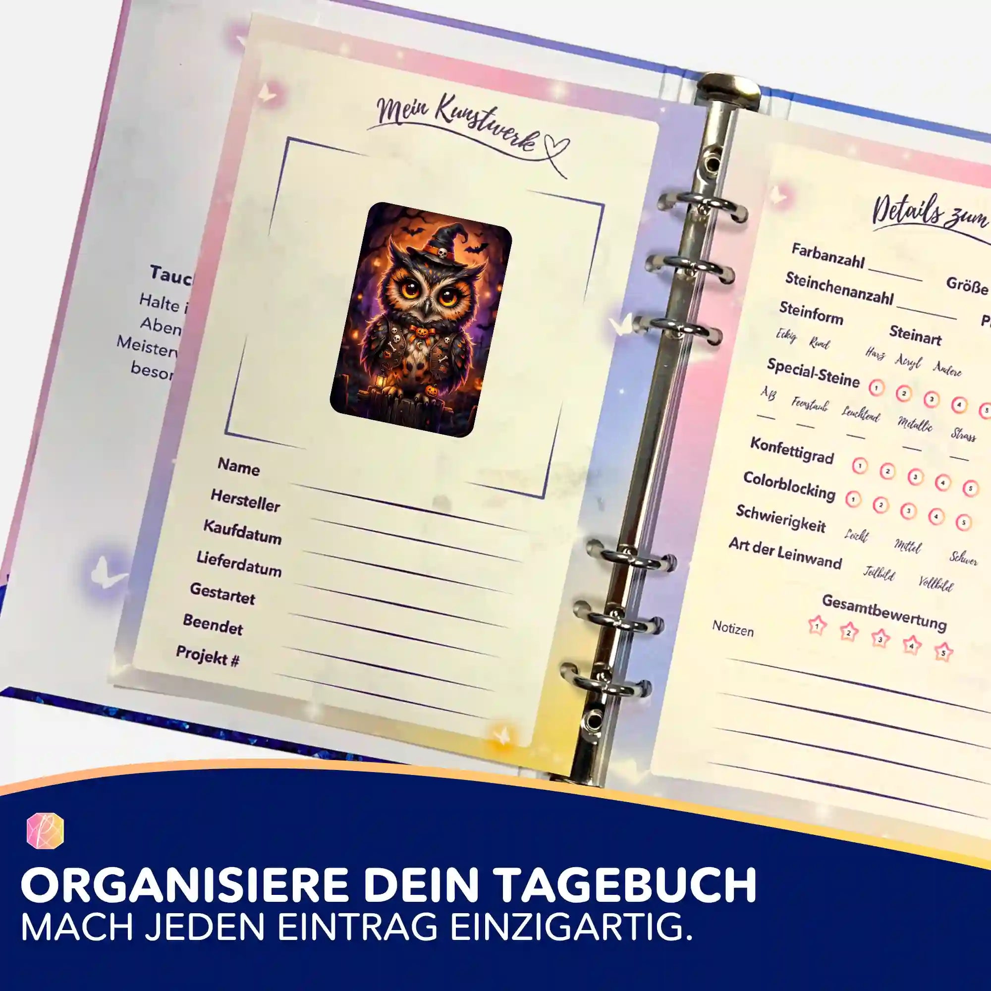 Eulen-Aufkleber Wächter der Kürbisnacht für ein Diamond Painting Tagebuch zur Organisation von Bastelprojekten